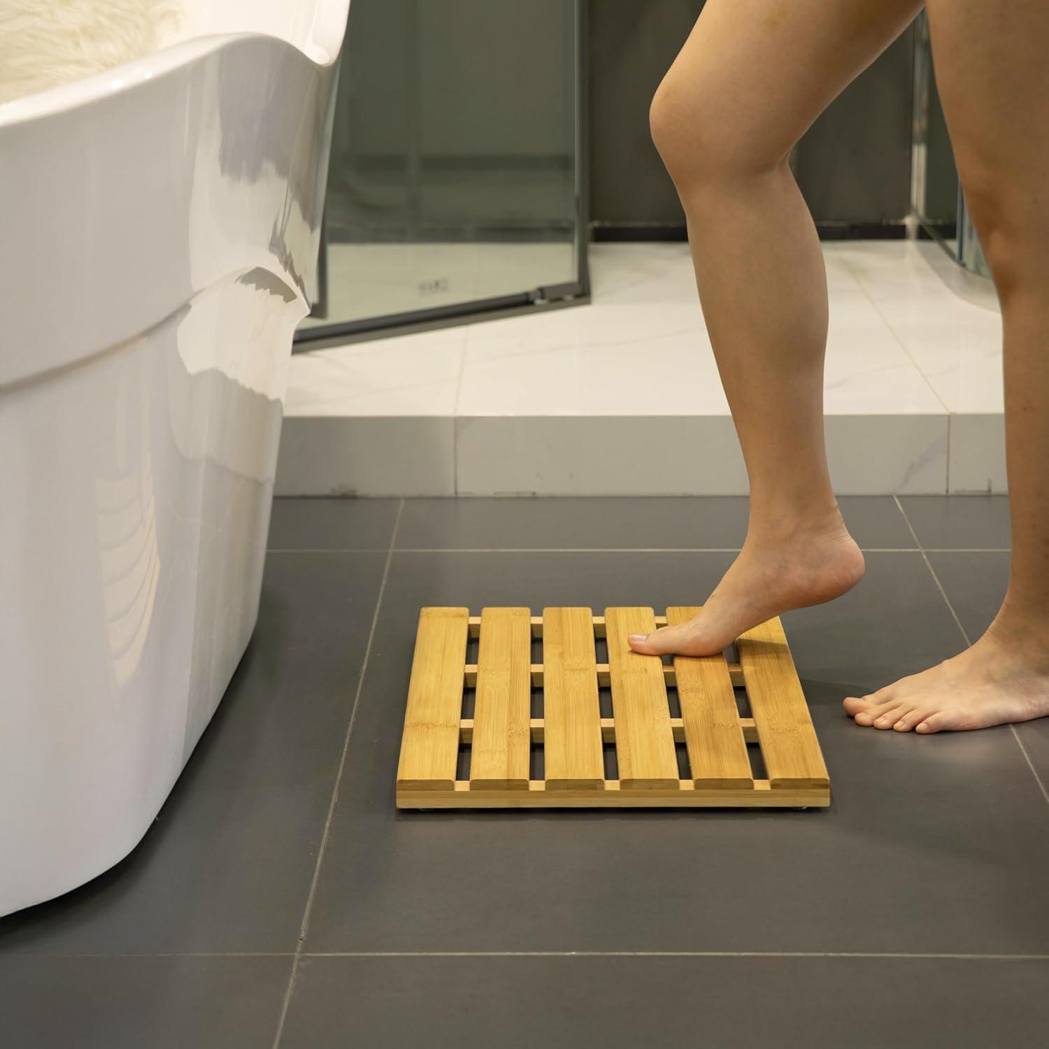 Basicwise 21.25-inch Luxury Non-Slip Waterproof Durable Bamboo Bath Mat - Perfect for Showers, Bathtubs, Spas, Saunas, Bathrooms, and Pools