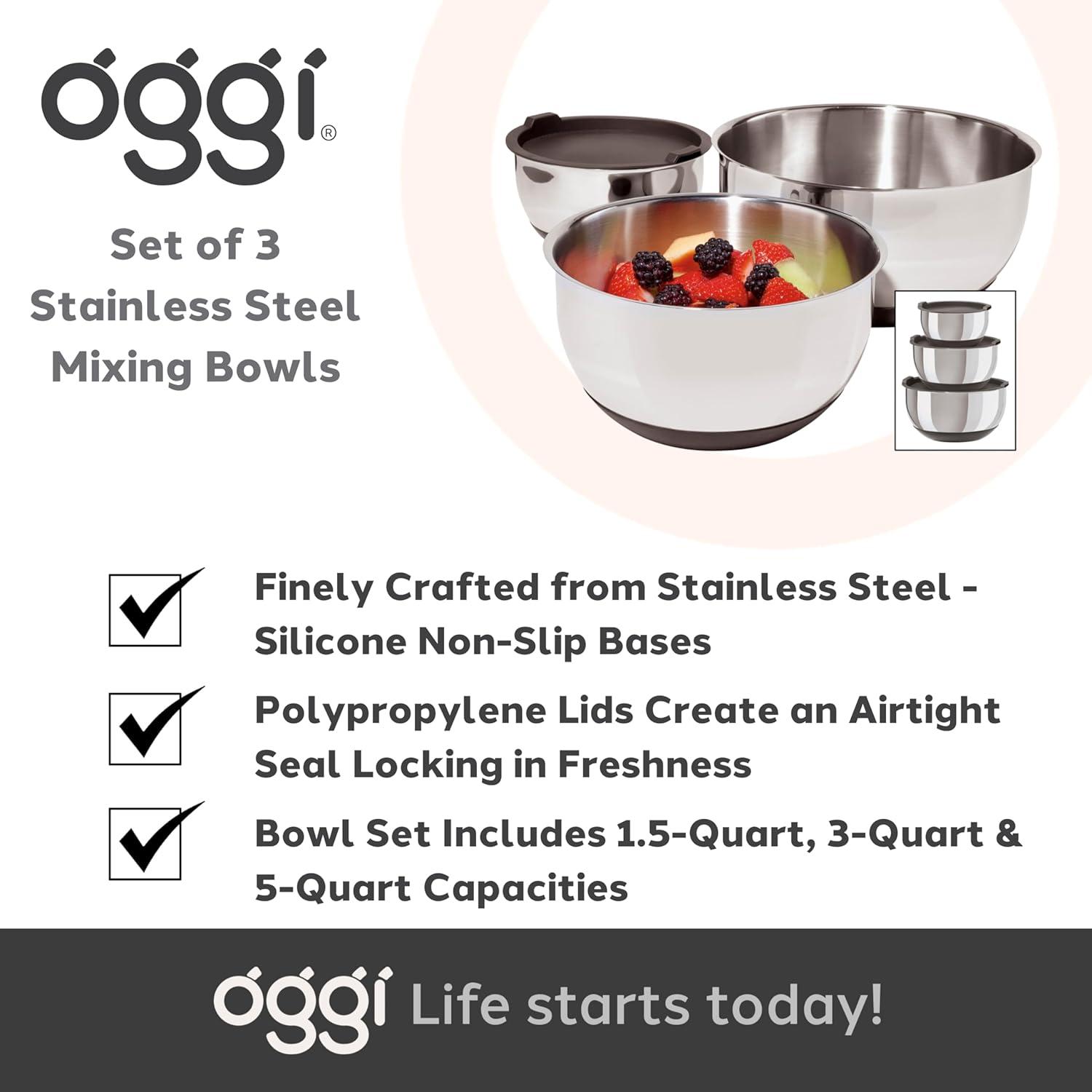 Oggi Prep Set Of 3 Stainless Steel Bowls W/ Silicone Bases (1.5, 3, 5 Qt)