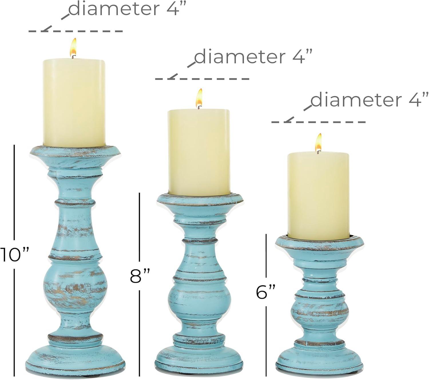 DecMode Traditional and Timeless Mango Wood Pillar Candle Holder Set of 3, 6", 8", 10"H, Light Blue Finish