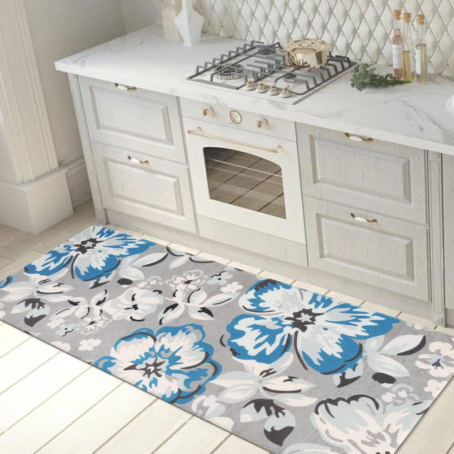 Blue and Gray Floral Anti-Fatigue Kitchen Mat