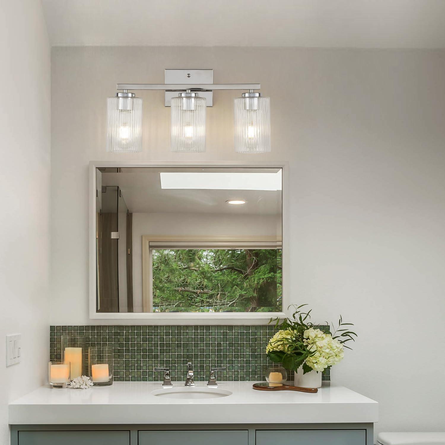 Brushed Nickel 3-Light Bathroom Vanity with Textured Glass Shades