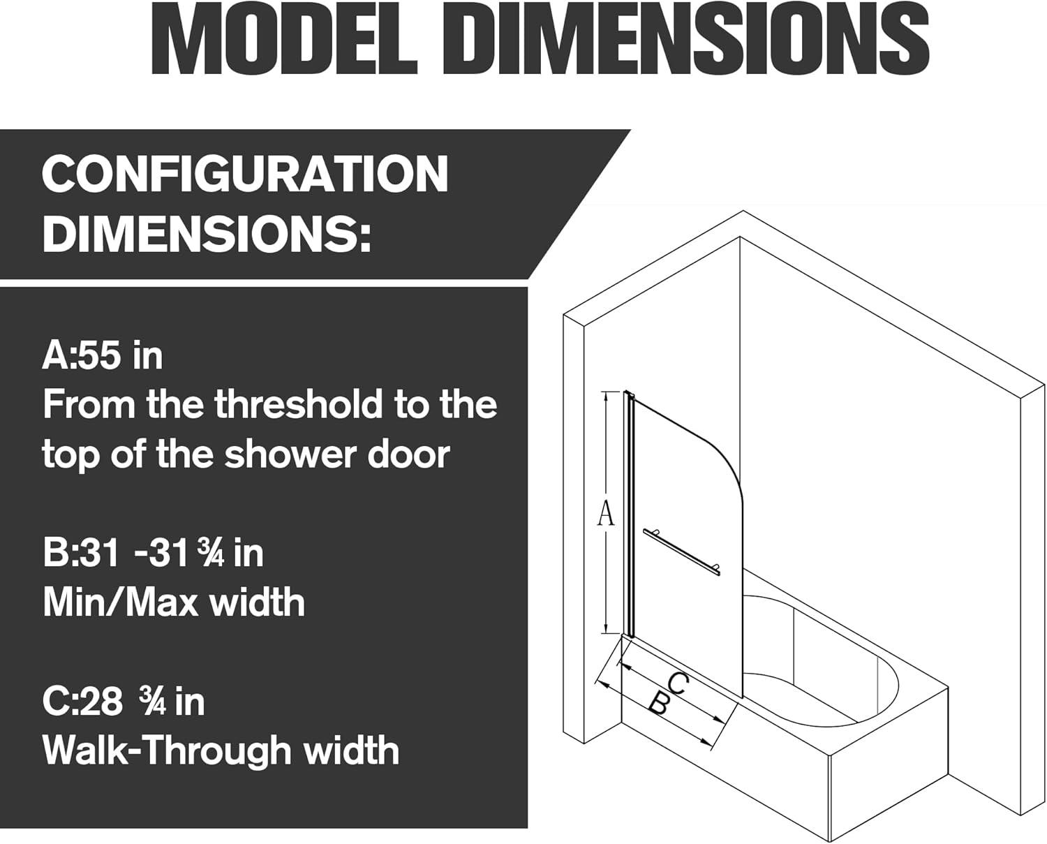 31"W x 55"H Frameless Folding Pivot Shower Tub Door Reversible Installation