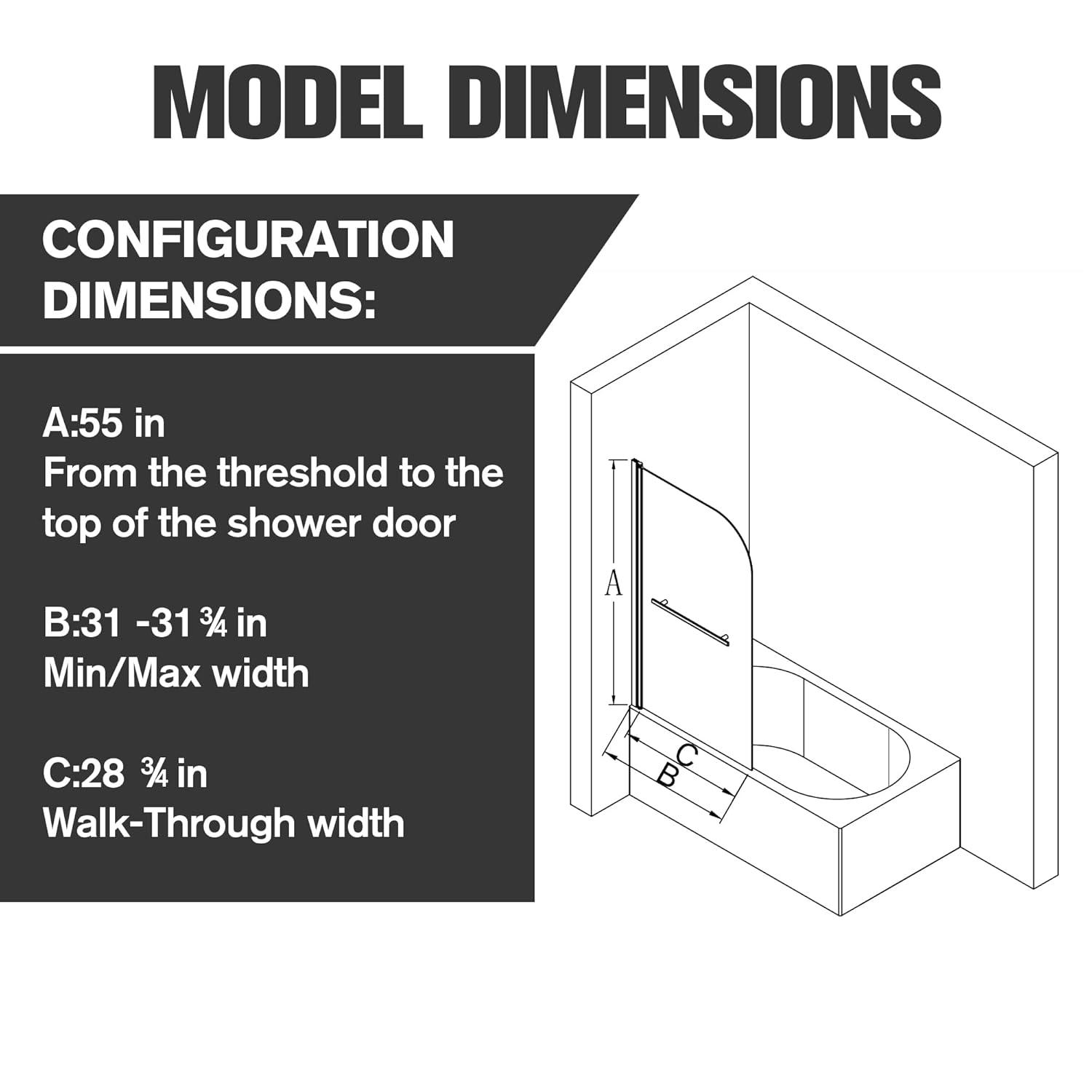 31"W x 55"H Frameless Folding Pivot Shower Tub Door Reversible Installation