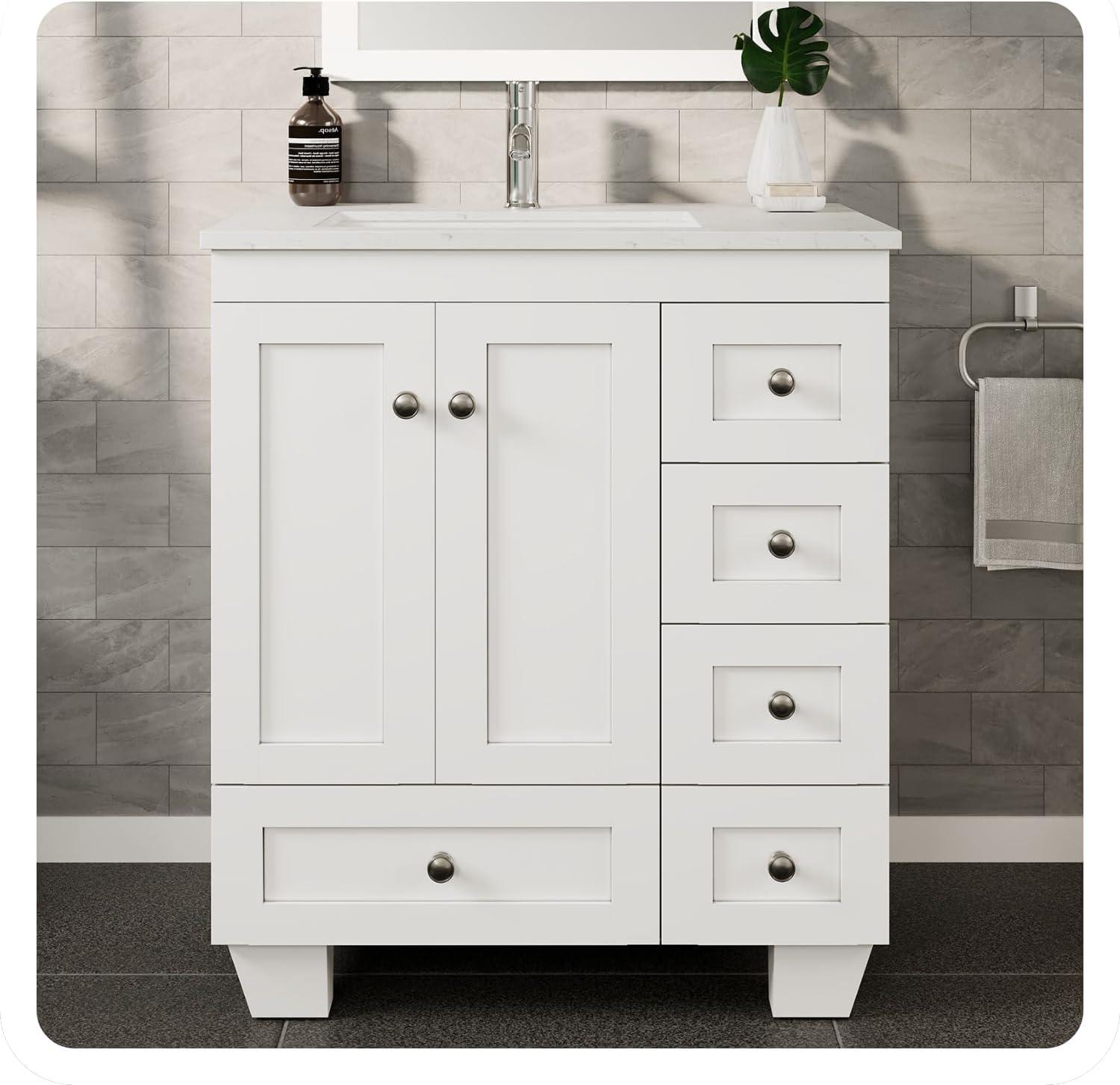 White Solid Wood 28 Inch Freestanding Bathroom Vanity with Porcelain Sink