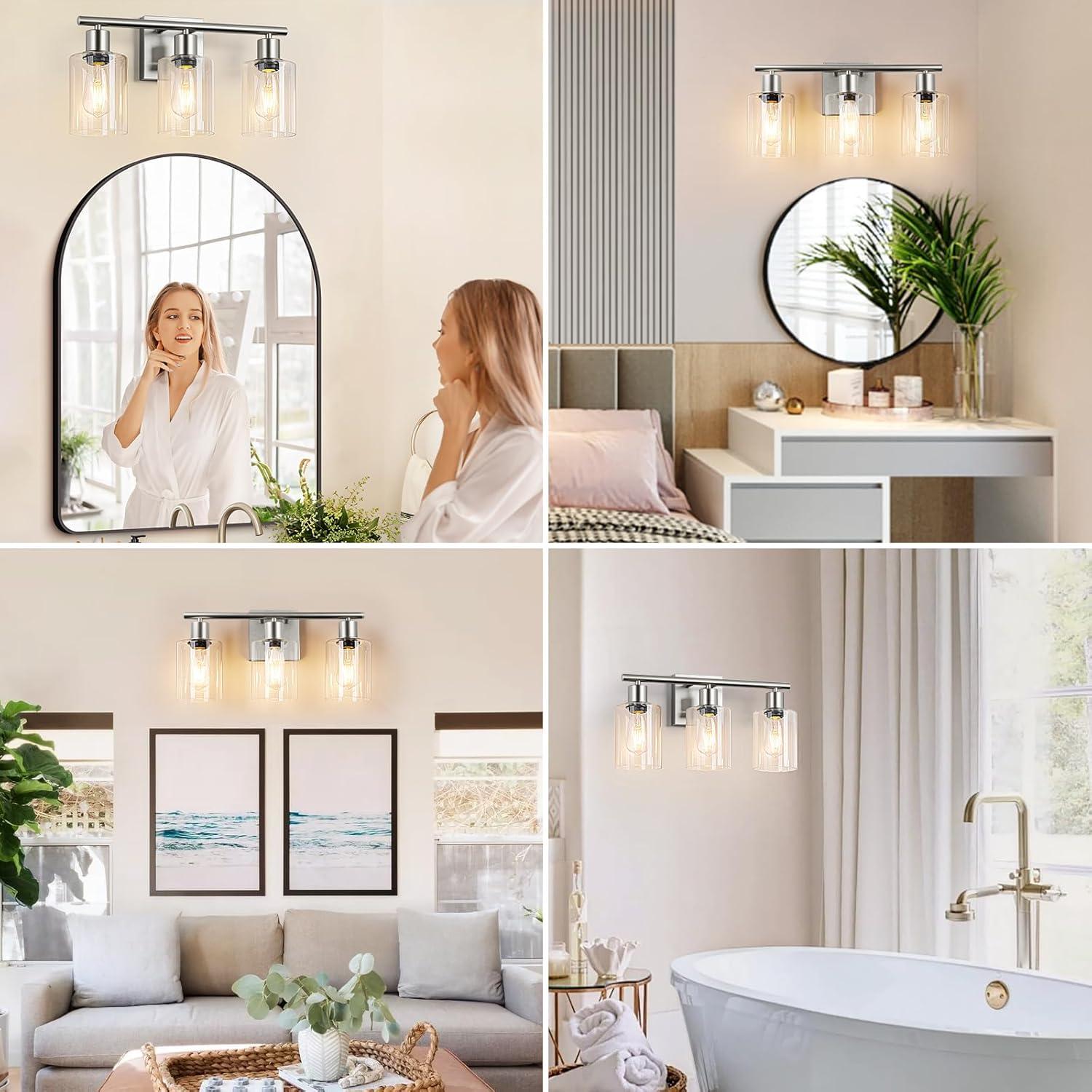 Vanity Wall Light Fixtures, Modern 3 Lights Wall Sconce with Clear Glass Shade, Brushed Nickel Farmhouse Wall Lamp for Bathroom Mirror Kitchen Porch Living Room Workshop (E26 Base)