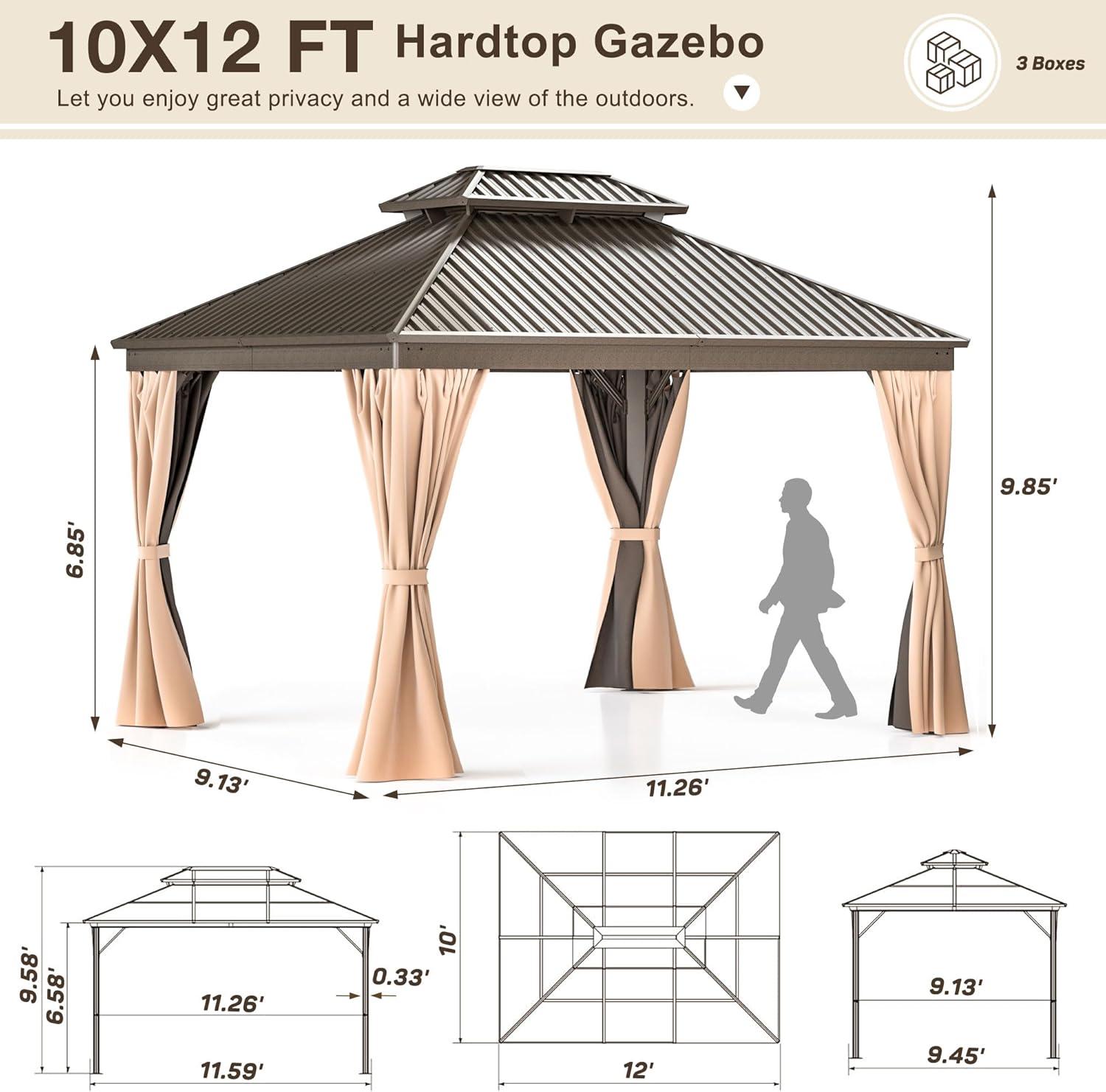 Ulax Furniture 10Ft x 12Ft Patio Hardtop Gazebo Outdoor Aluminum Pergola with Galvanized Steel Double Roof Canopy, Polyester Curtain and Mosquito Net, 10, Brown