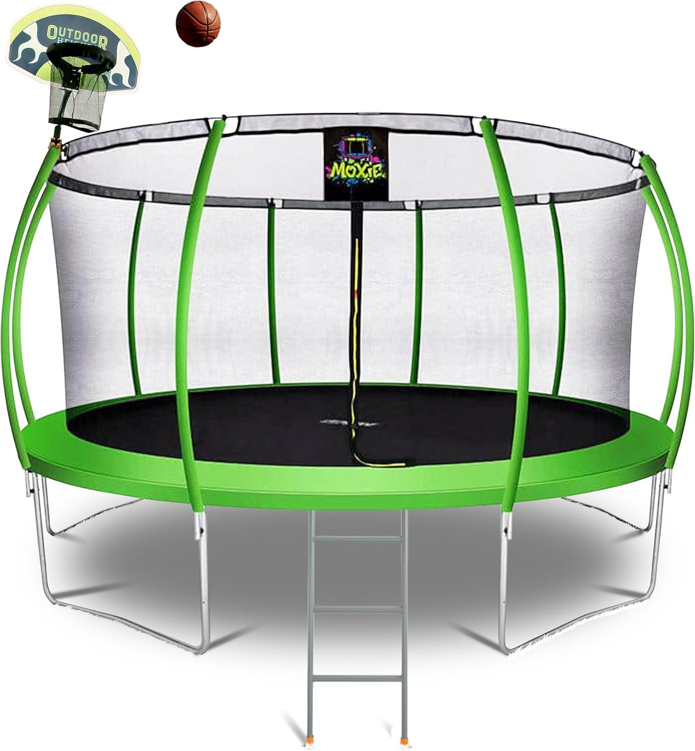 Moxie 15 FT Outdoor Trampoline Set w/ Safety Enclosure, includes Basketball Hoop with Ball & Pump & Ladder