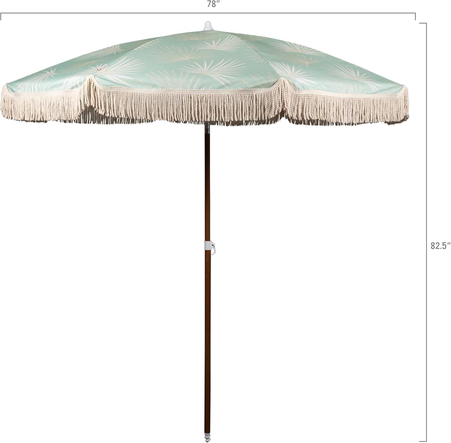 Palm Beach Green Canvas Fringe Beach Umbrella with Brown Pole