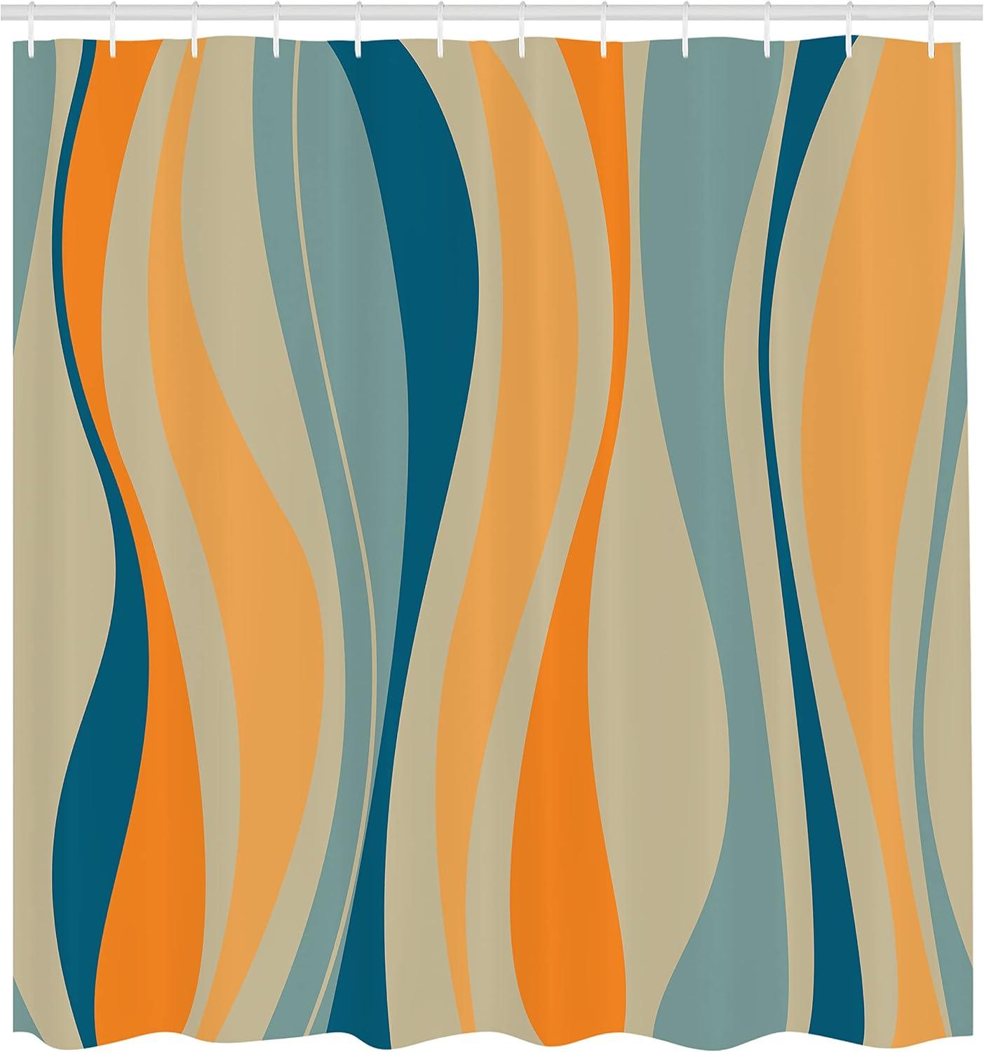 Ambesonne Vintage Shower Curtain, Retro Vibrant Stripes, 69"Wx70"L, Petrol Blue and Marigold