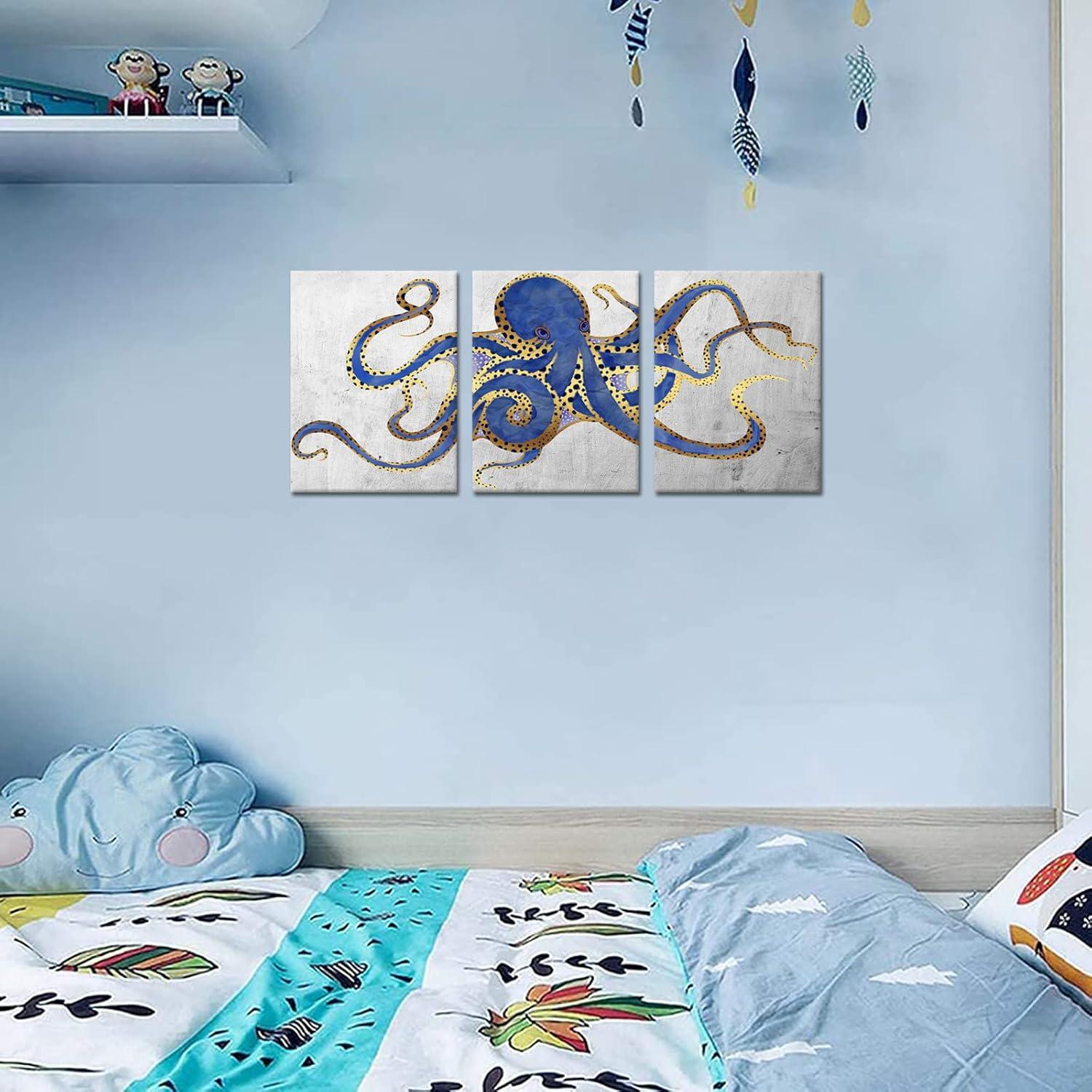 3 Piece Octopus Wall Art Painting Navy Blue Marine Animal Picture Print On Canvas Ocean Life Poster for Bathroom Bedroom Home Decor Decoration Gift Easy To Hang 12"x16"x3PCS