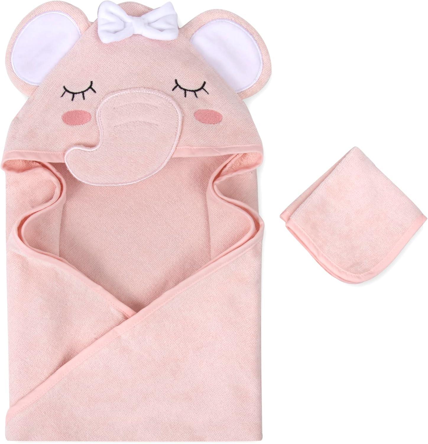 Delicate Pink Cotton Hooded Elephant Baby Washcloth and Towel Set