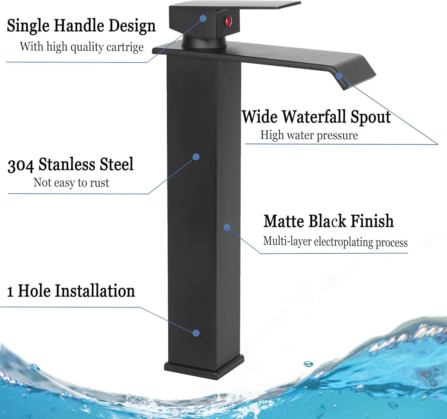 Matte Black Stainless Steel Waterfall Vessel Sink Faucet