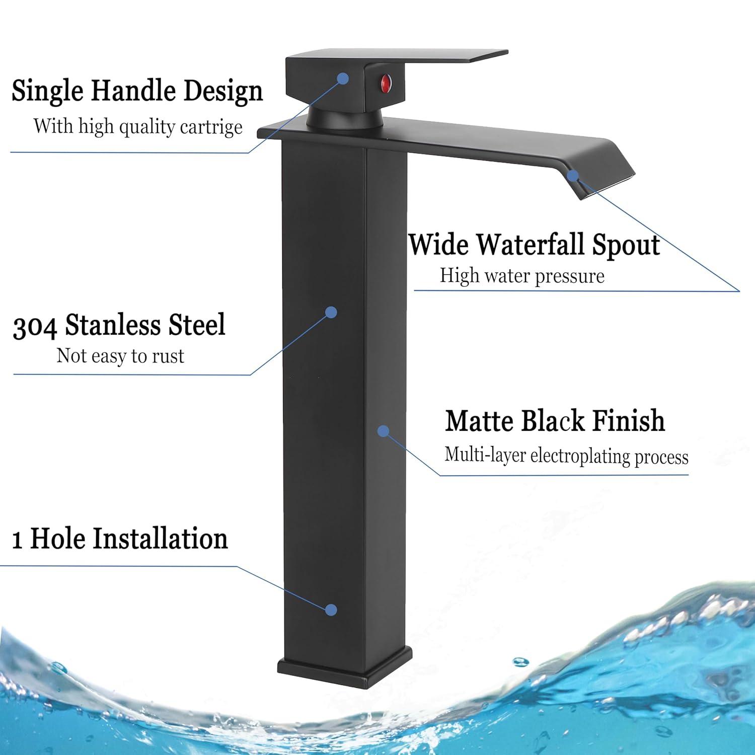 Matte Black Vessel Sink Faucet for Sink 1 Hole Single Handle Deck Mount Bathroom Sink Faucet Bowl Sink Mixer Tap with Pop Up Drain Combo Vanity RV Bar Sink Faucet