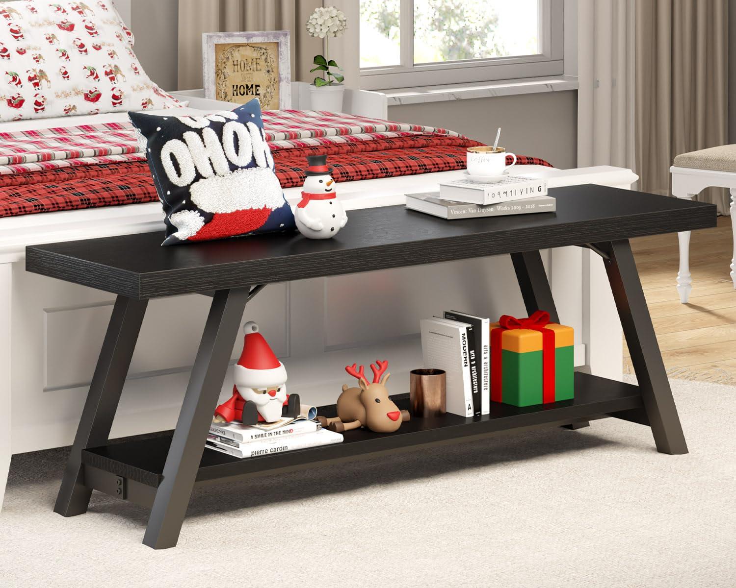 LVB Black Bench, Modern Storage Bench for Bedroom, Wood Metal Entryway Bench for Hallway Dining Living Room, Famrhouse Shoe Rack Indoor Accent Seating Benchs for Foyer Entrance, Black Oak 47 Inch Long