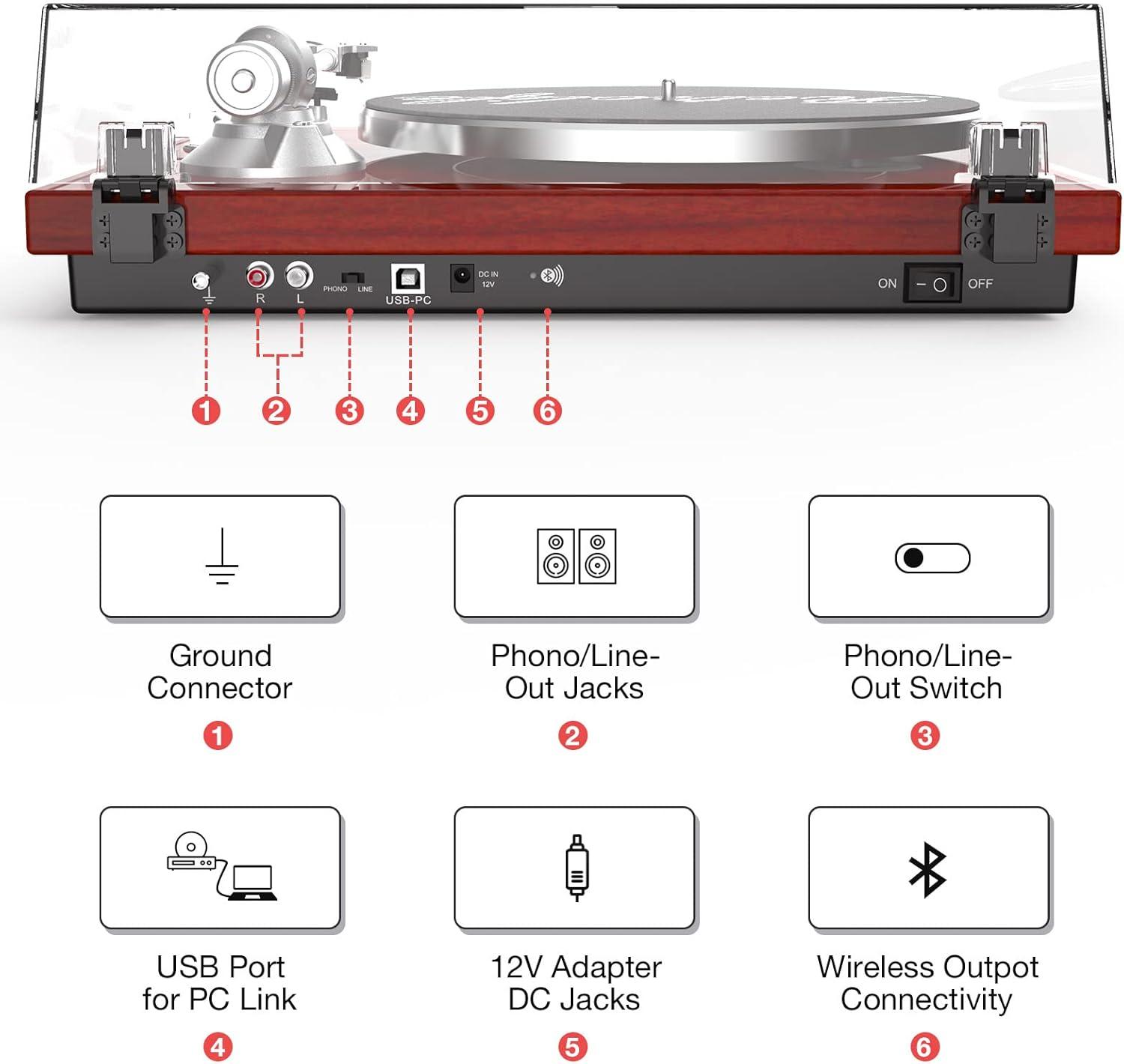 Turntables Record Player with Wireless Output Connectivity Vinyl Player Belt-Drive Support 33 45 RPM Speed Phono Line USB Digital to PC Recording with Advanced MM Cartridge ATN3600L Light Brown