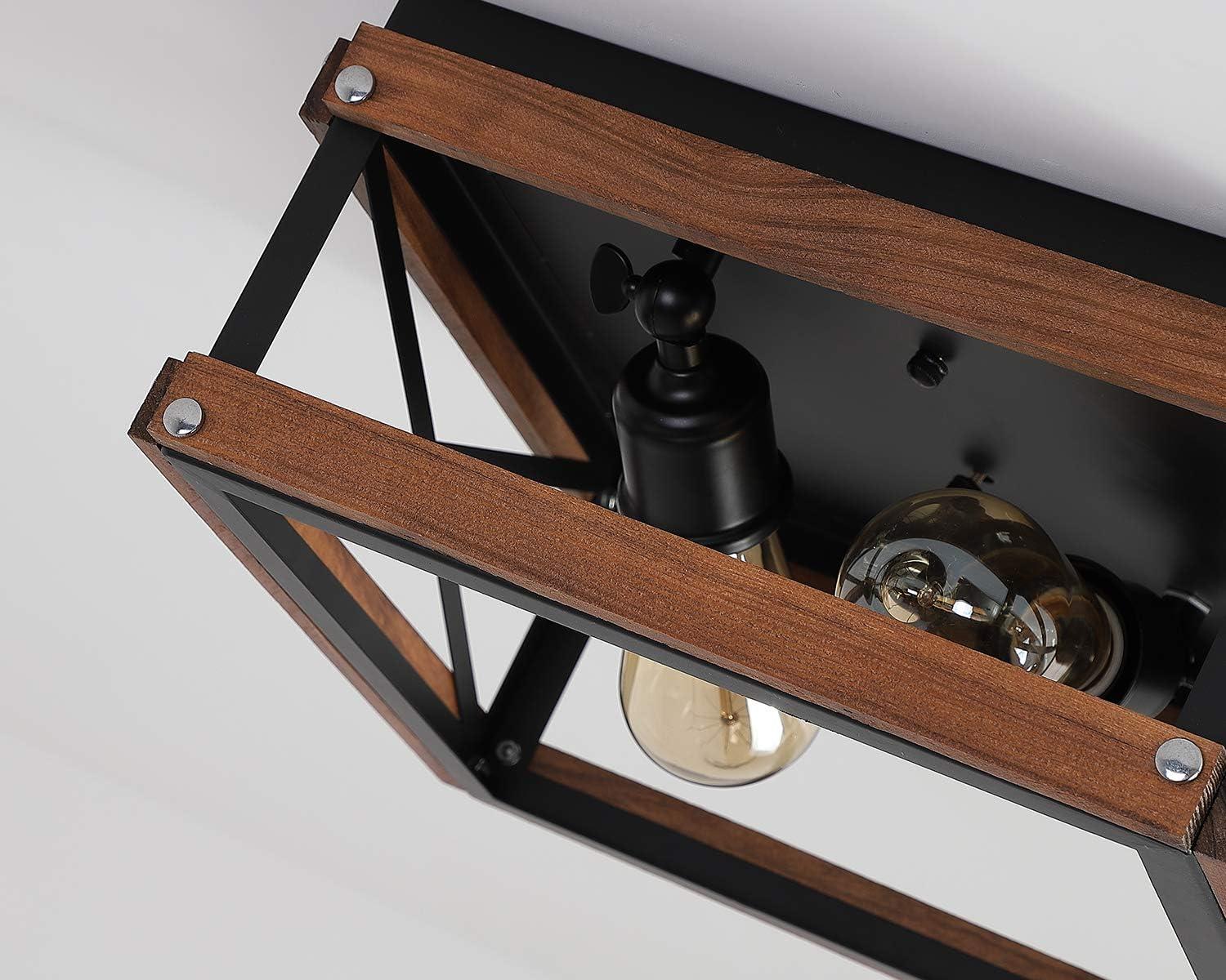 Black Metal and Wood Farmhouse Flush Mount Ceiling Light