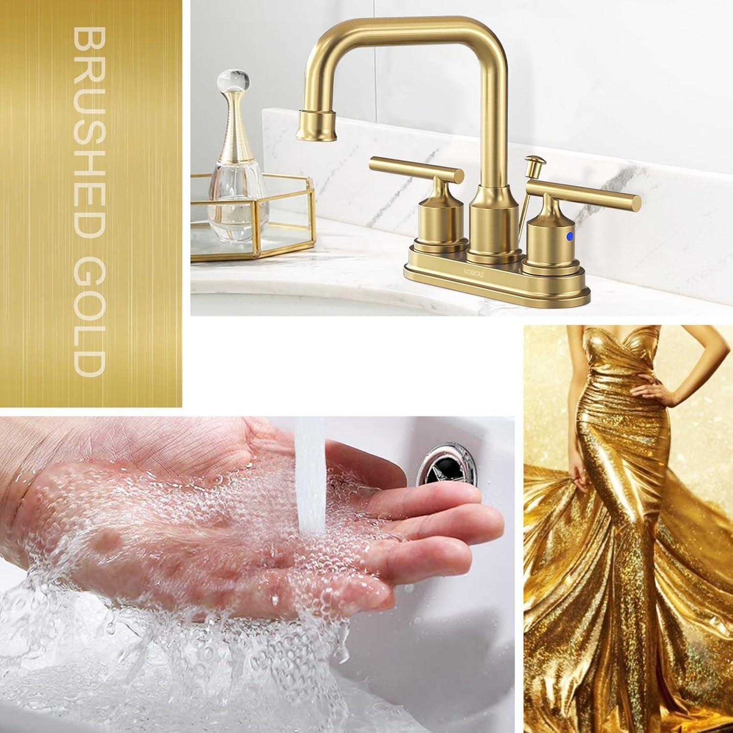 WOWOW Brushed Gold Bathroom Faucet 4 inch Bathroom Sink Faucet 3 Hole RV Sink Tap 2 Handle Vanity Taps with Drain Assembly Centerset Lavatory Mixer 360-Degree Swivel Spout
