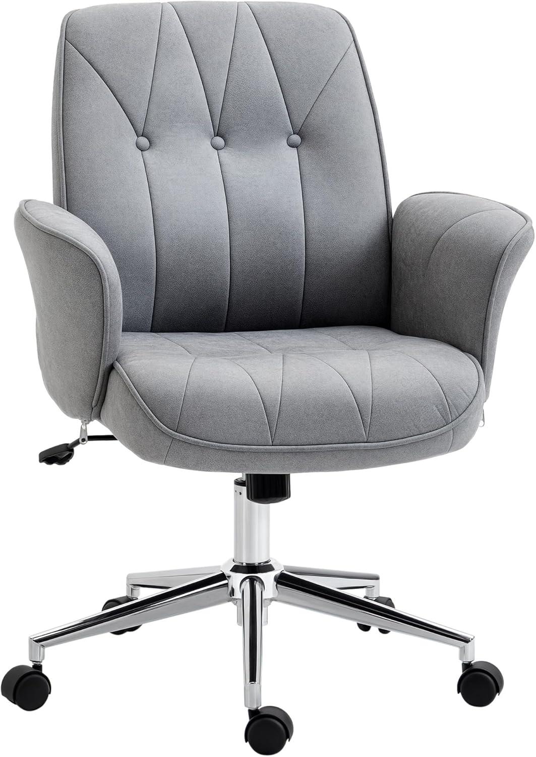 Zazesaby Microfiber Home Office Chair, Height Adjustable Button Tufted Computer Desk Chair with Swivel Wheels, Tilt Function and Padded Armrests, Light Gray