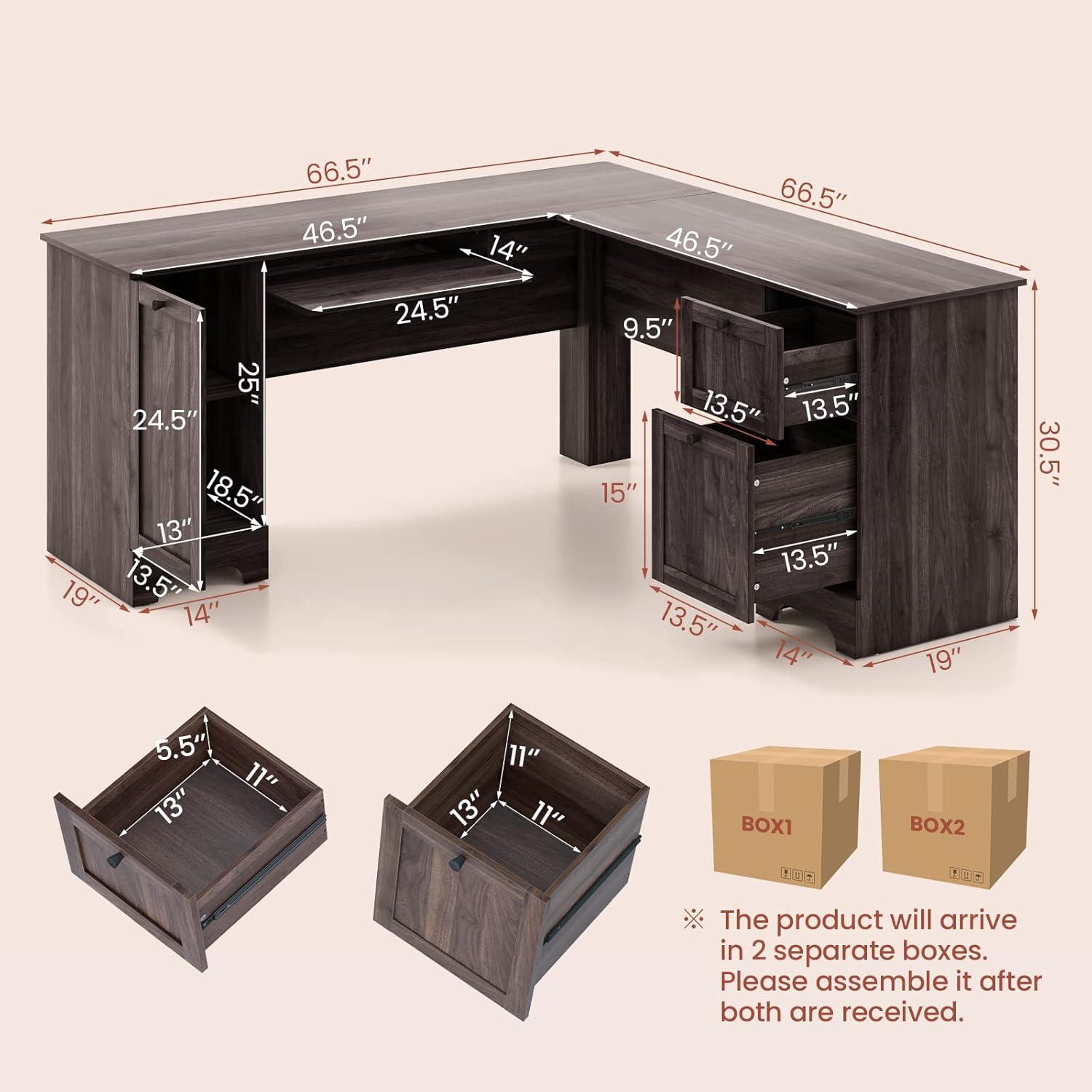 Dark Brown L-Shaped Corner Computer Desk with Drawers and Keyboard Tray