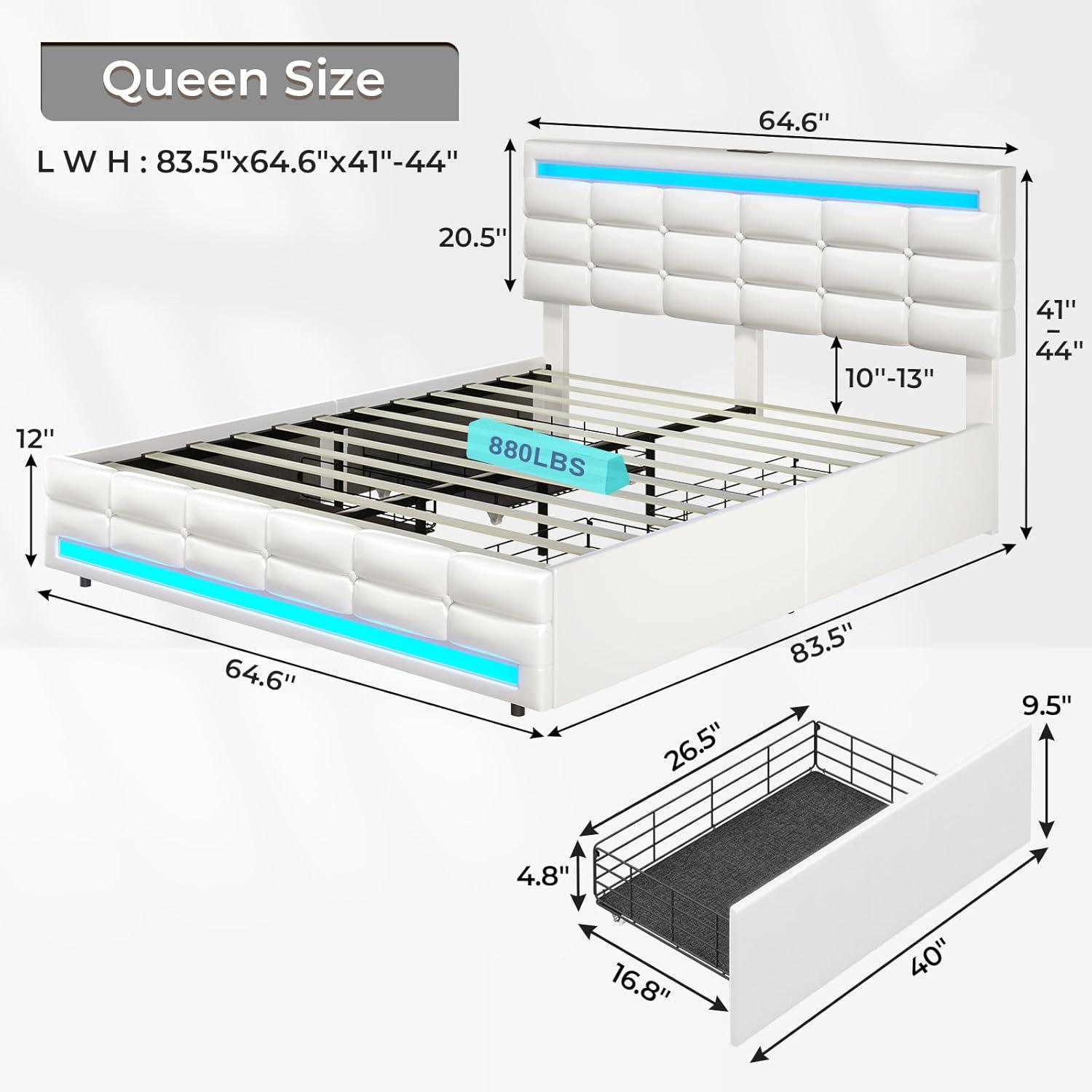 Afuhokles Queen Bed Frame with LED Lights Leather Platform Bed with Storage Drawers and Charging Station, White