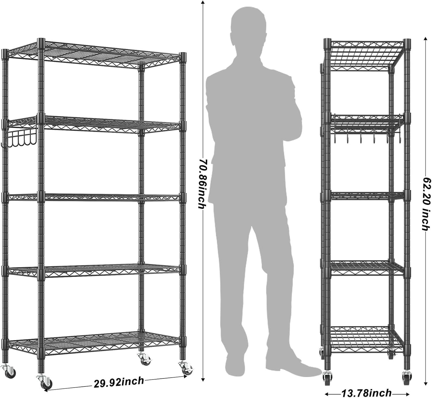 Black 5-Tier Adjustable Metal Wire Shelving Unit with Wheels