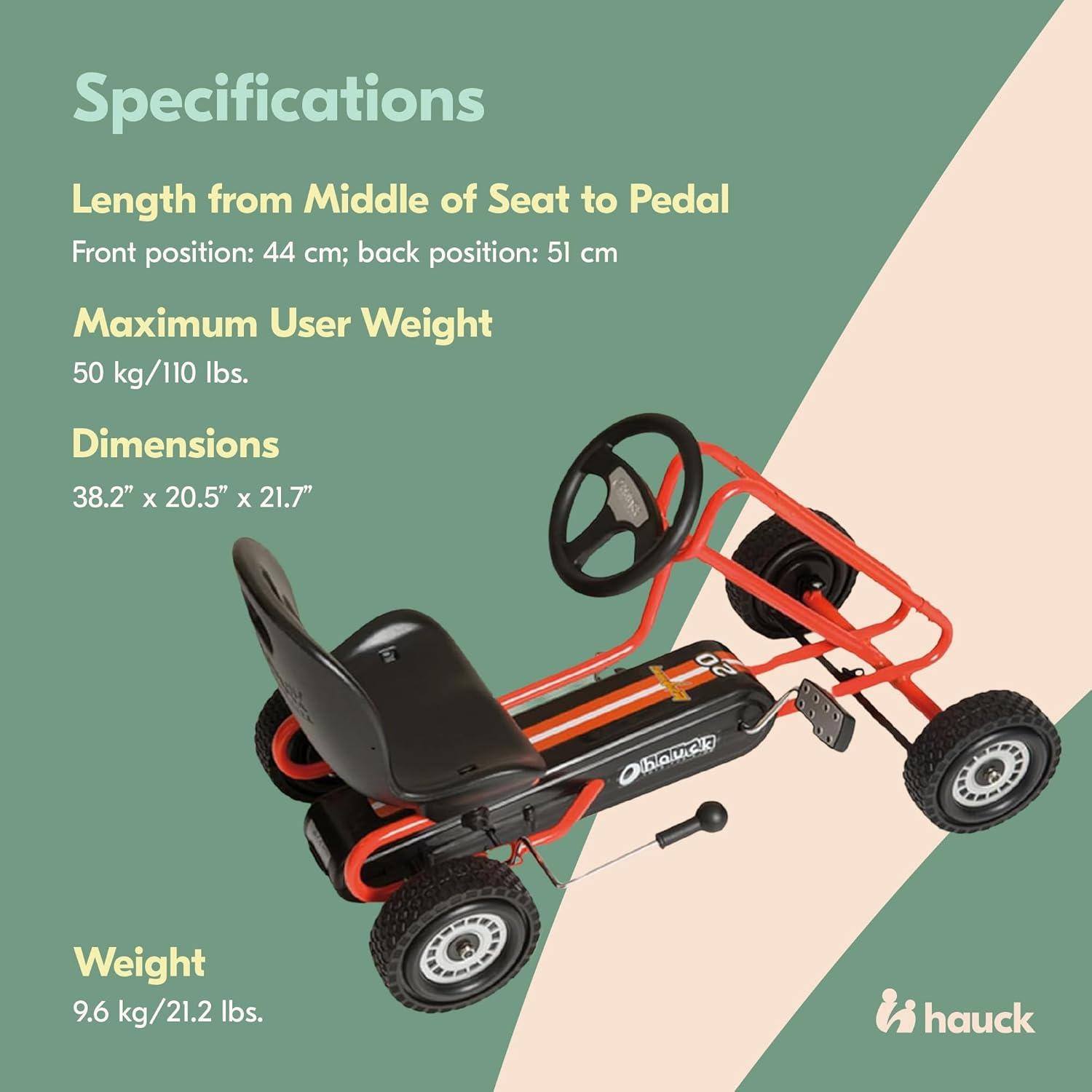 hauck Lightning Ride On Pedal Go Kart Toy with Ergonomic Adjustable Bucket Seat, Handbrake, and Sharp Handling for Boys and Girls, Red