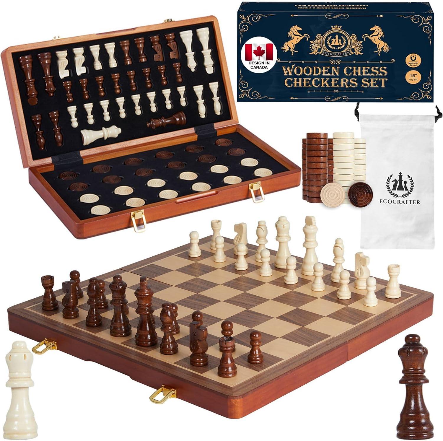 KiddiTouch 15 inch Magnetic Wooden Chess Set 2 in 1 Folding Chess Board Travel Chess Games for Adults and Kids-2 Extra Queen Pieces