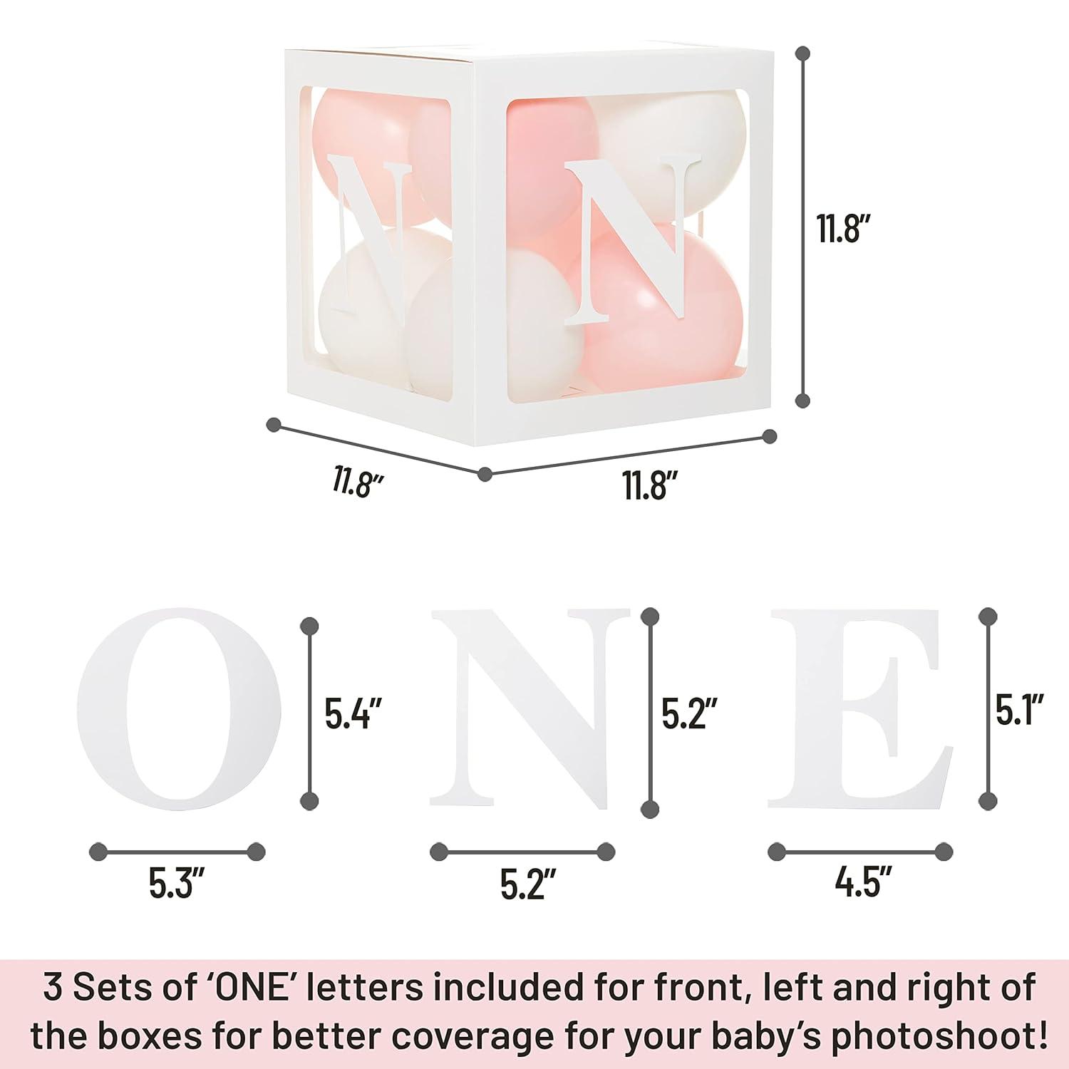 First Birthday Balloon 'ONE' Boxes for Baby Girl WITH 24 Balloons - Baby 1st Birthday Girl Decoration Clear Cube Blocks 'ONE' Letters as Cake Smash Photoshoot Props First Birthday Decorations Bac