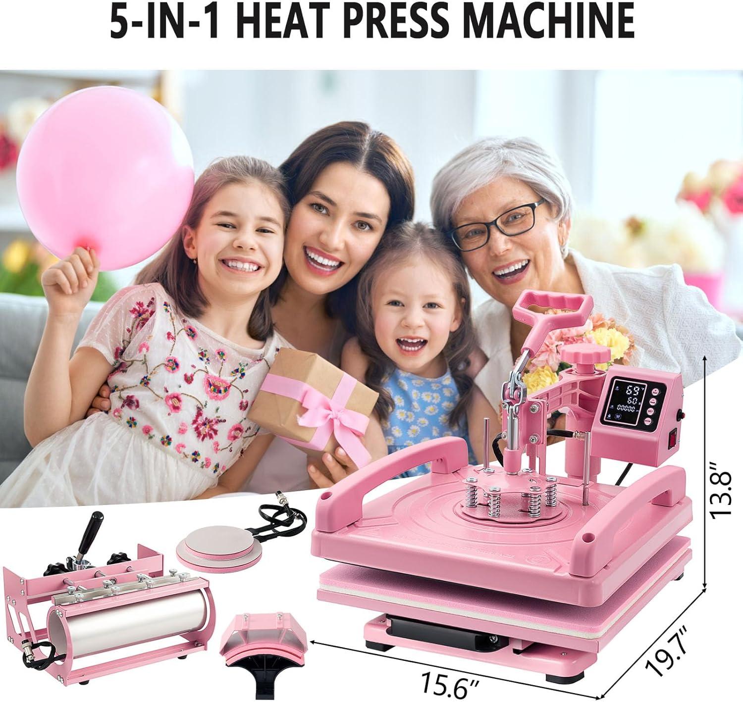 Pink 15x15 Inch 5-in-1 Heat Press Machine with Tumbler Attachments