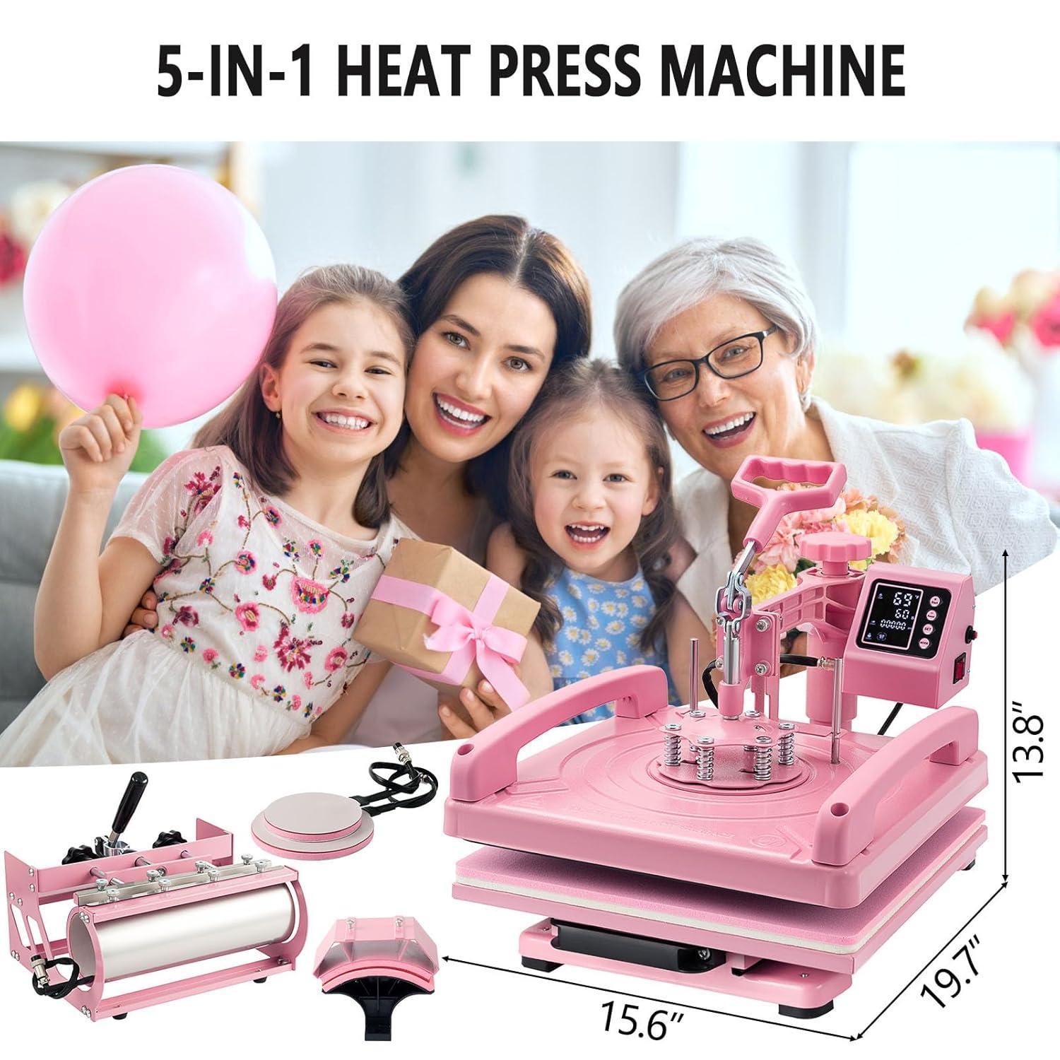 VEVOR Heat Press Machine 15x15 inch, Heat Press Machine for T-Shirts, 5 in 1 Heat Press with 30 OZ Tumbler Press, Combo Tumbler Heat Press Machine Sublimation for Hat Cap Mug Plate, Pink