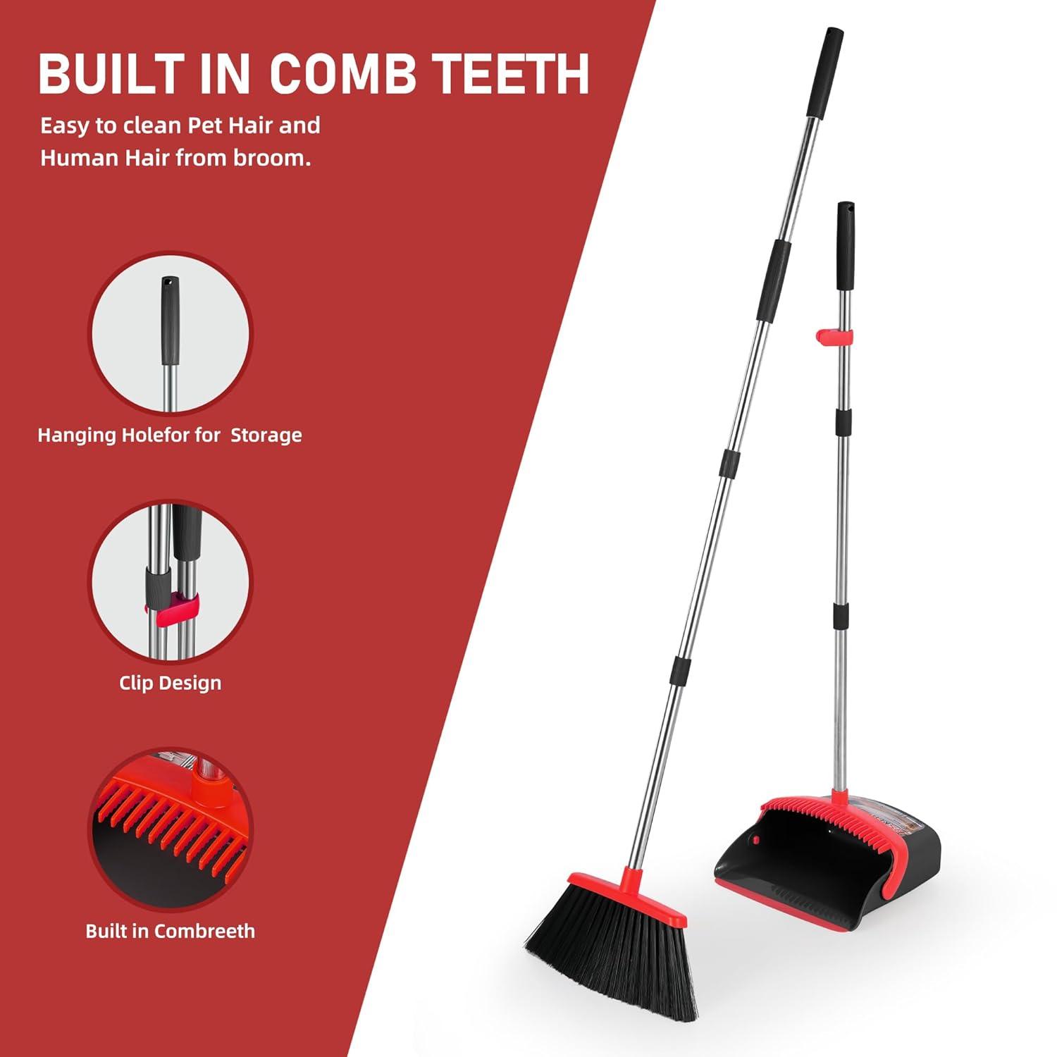Heavy-Duty Broom and Dustpan Set for Outdoor Broom and Dust pan for Home Commercial Cleaning Supplies Angle Broom with Long Handle Perfect for Courtyard Garage Lobby Mall Market Street, B6