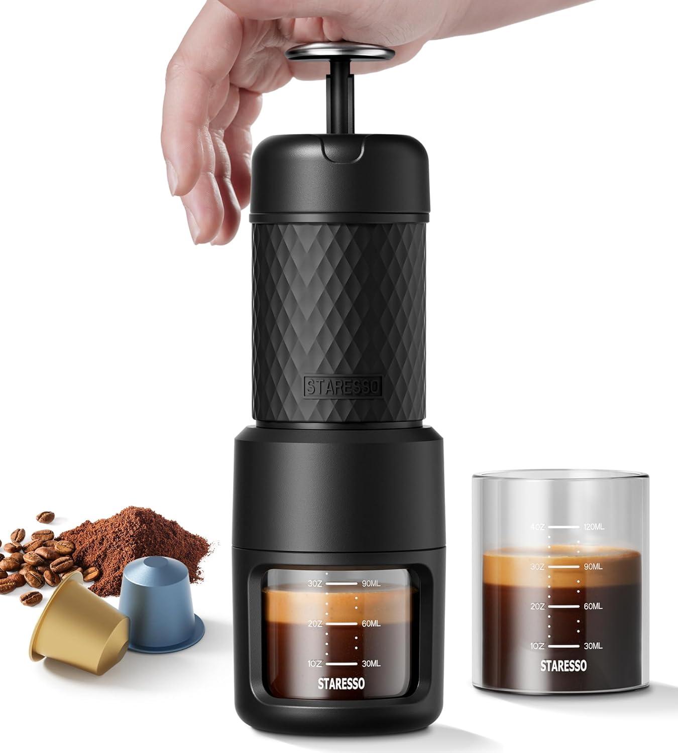 Compact Black Portable Espresso Maker with Capsule Compatibility