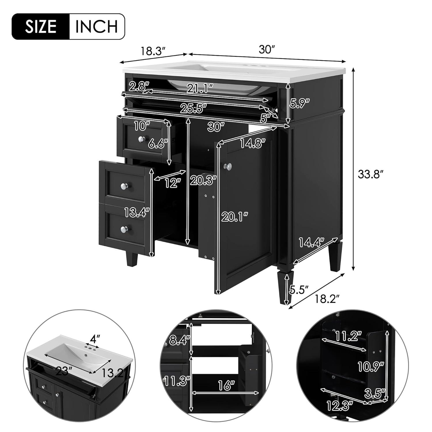 HLILish 30'' Bathroom Vanity With Top Sink, Modern Bathroom Storage Cabinet With 2 Drawers And A Tip-Out Drawer, Single Sink Bathroom Vanity