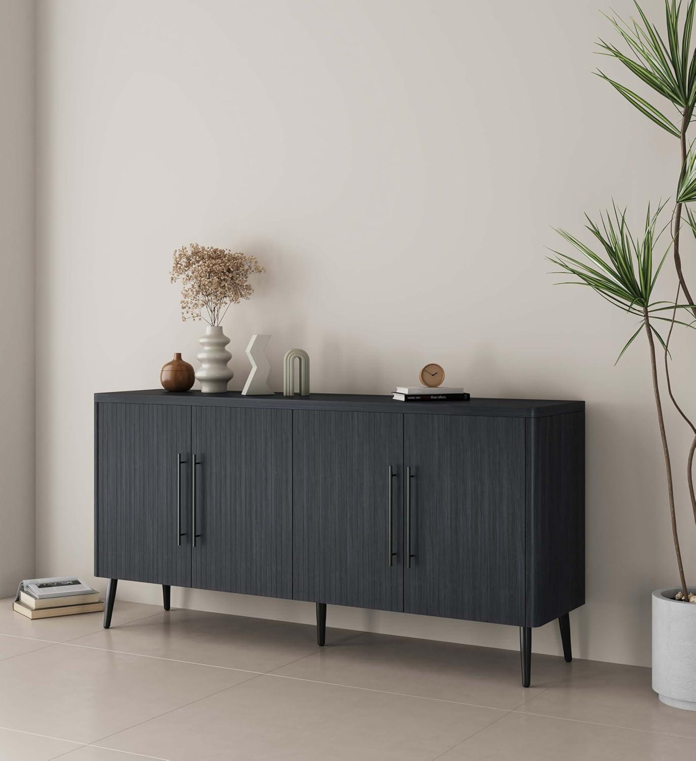 Manhattan Comfort Jodie 65" Mid-Century Modern Sideboard with 8 Adjustable Shelves in Charcoal Gray