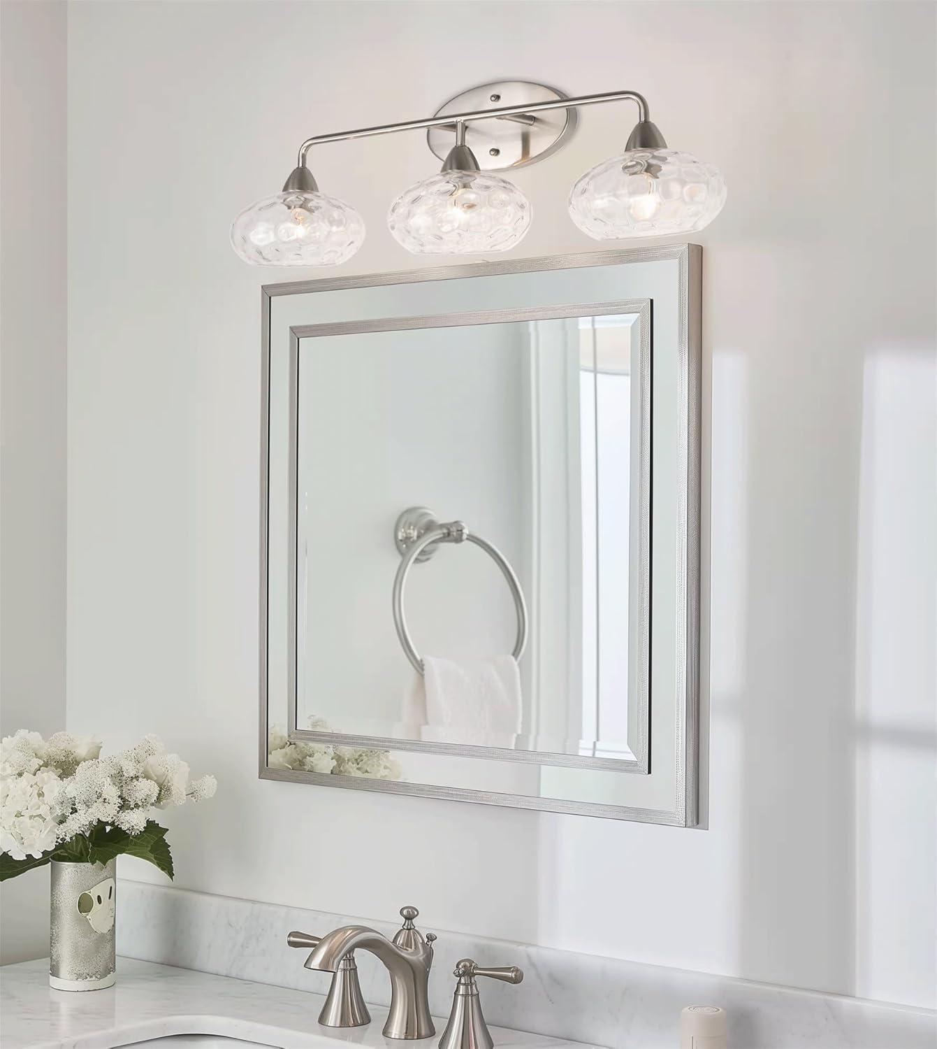 Kira Home Marina 26" Modern 3-Light Vanity/Bathroom Light + Hammered Glass Shades, Brushed Nickel Finish