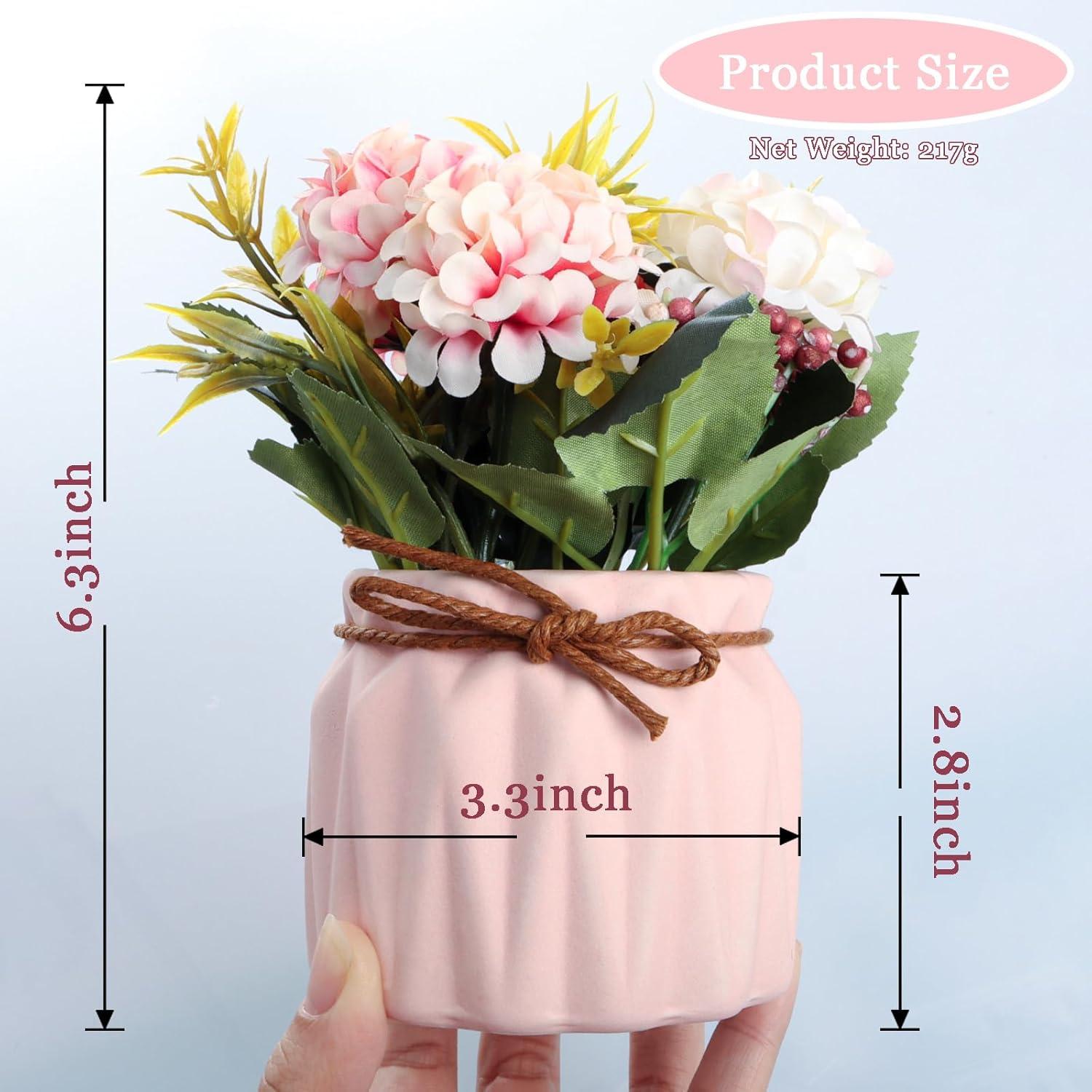 Artificial potted flowers, small ceramic vases fake flower plants for home and office interior tabletop decoration, artificial flower hydrangeas - Pink