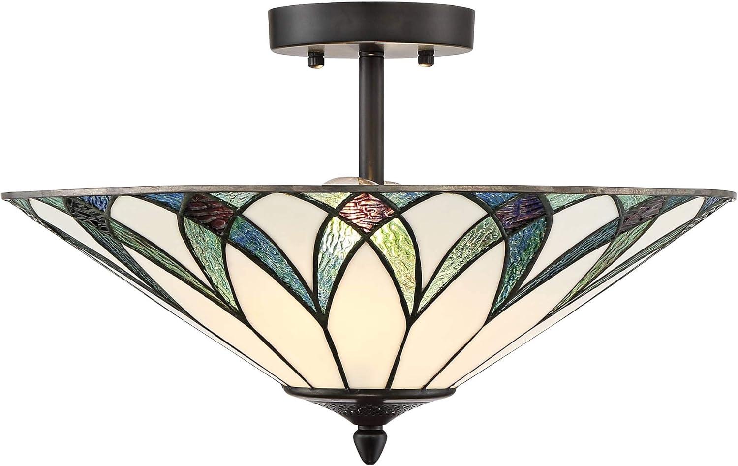 Regency Hill Filton Tiffany Style Ceiling Light Semi Flush Mount Fixture 18" Wide Bronze 2-Light Blue Green Art Glass for Bedroom Kitchen Living Room