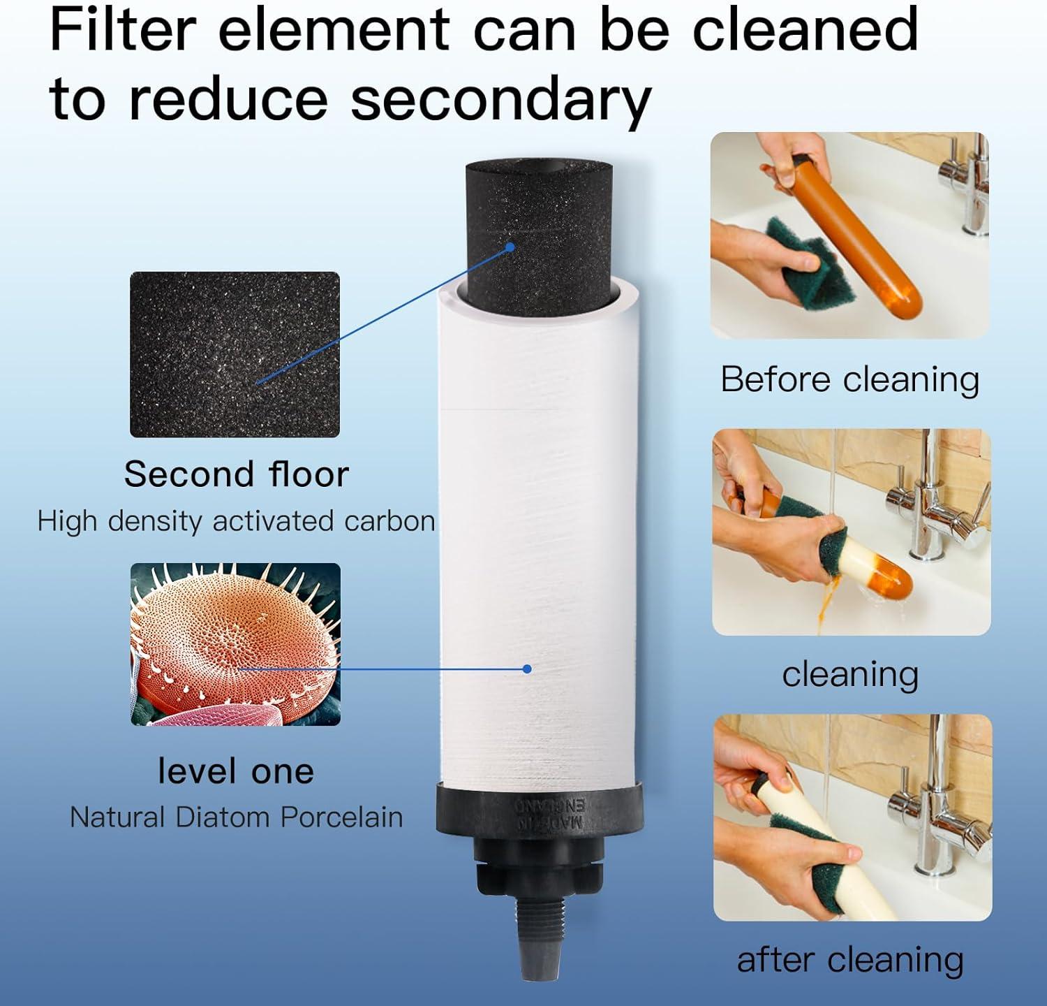Gravity-fed Water Filter System, 2.25 Gallon Stainless Steel Countertop System with 2 Ceramics Filters Washable Filters, Metal Water Level Spigot and Stand,Reduce up to 99% Chlorine