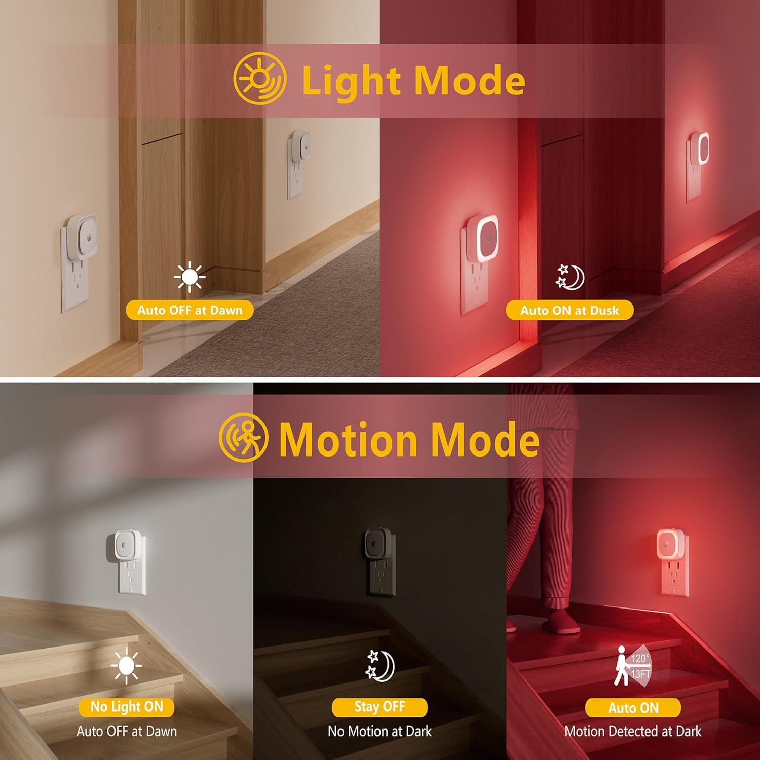 2 Pack Plug in Night Light with Motion Sensor & Dusk to Dawn Sensor, 3 Sensor Modes, Red Night Lights Plug into Wall, Dimmable Nightlight for Bedroom, Bathroom, Indoor, Gifts for Adults, Kids