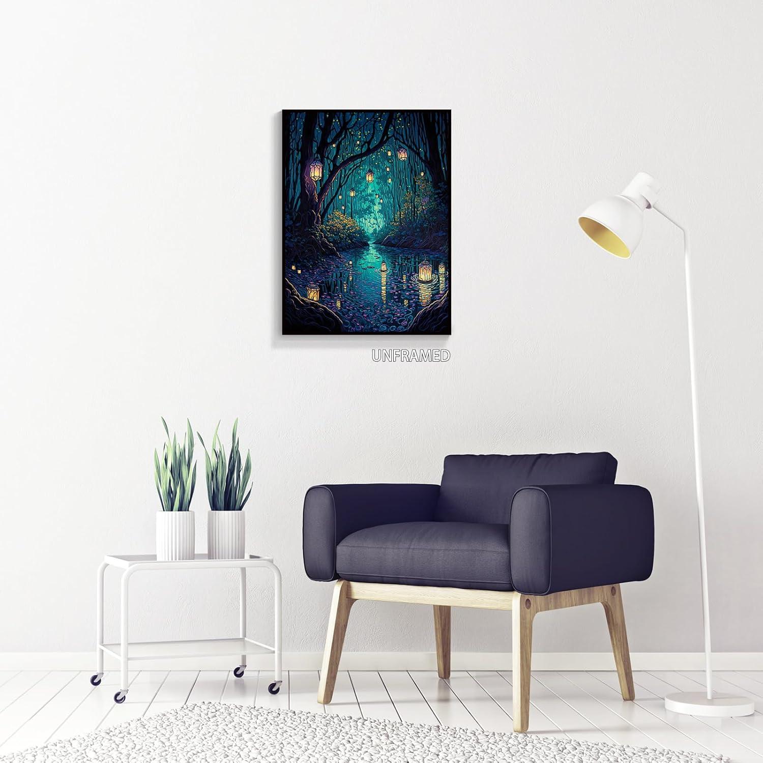 Fantasy Blue Forest Lanterns Canvas Wall Art 16x24