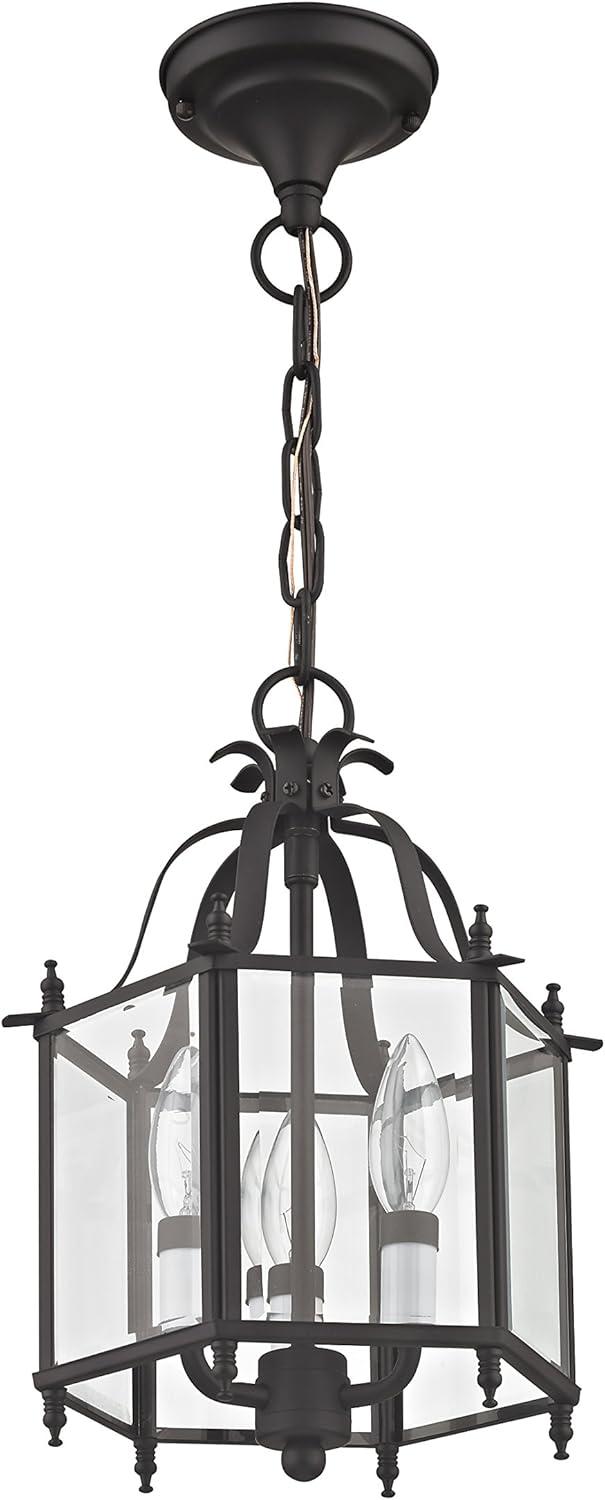 XiKe 4403-07 Home Basics 3 Light Bronze Hanging Lantern or Flush Mount Chandelier with Clear Beveled Glass