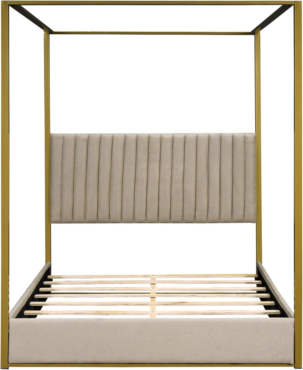 Harper & Bright Designs Queen Size Canopy Platform Bed with Channel Upholstery Tufted Headboard, Gold Metal 4 Post Canopy Bed Frame for Boys Girls Adult, Beige