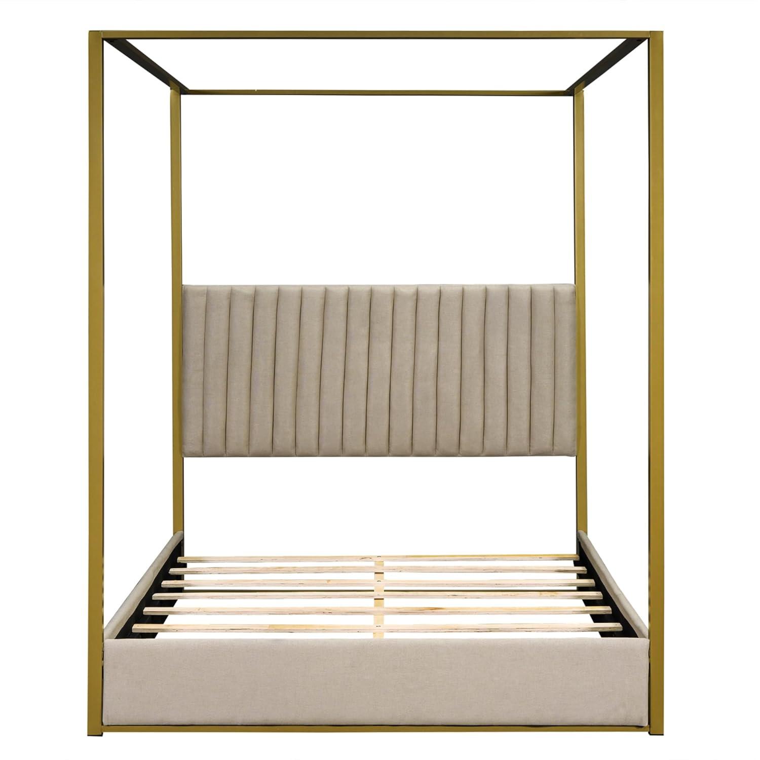 Harper & Bright Designs Queen Size Canopy Platform Bed with Channel Upholstery Tufted Headboard, Gold Metal 4 Post Canopy Bed Frame for Boys Girls Adult, Beige