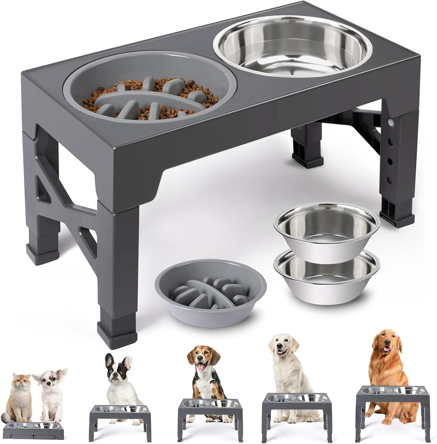 ZALALOVA Elevated Dog Bowls Stand with 2 Stainless Steel Dishes 1 Slow Feeder Dog Bowl, Raised Dog Bowl Adjusts to 5 Heights (3.15",8.9'',10",11.2'',12.4") for Medium and Large Dogs(Gray)