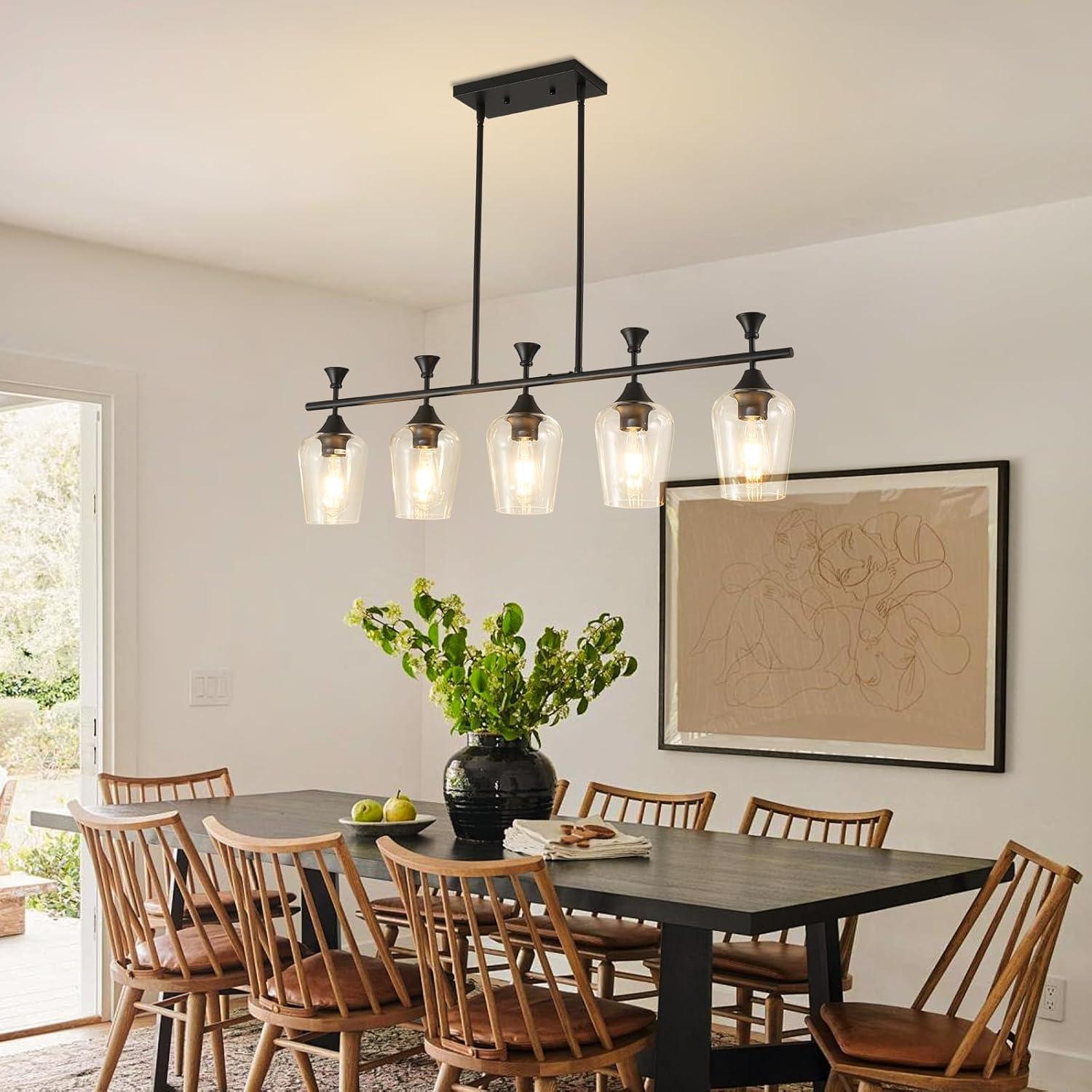 Black Farmhouse Chandelier, 5-Light Island Lights for Kitchen in Metal Finish with Clear Glass Shades, 37" Dining Room Chandelier, Linear Pendant Lighting for Foyer, Bar, Pool Table