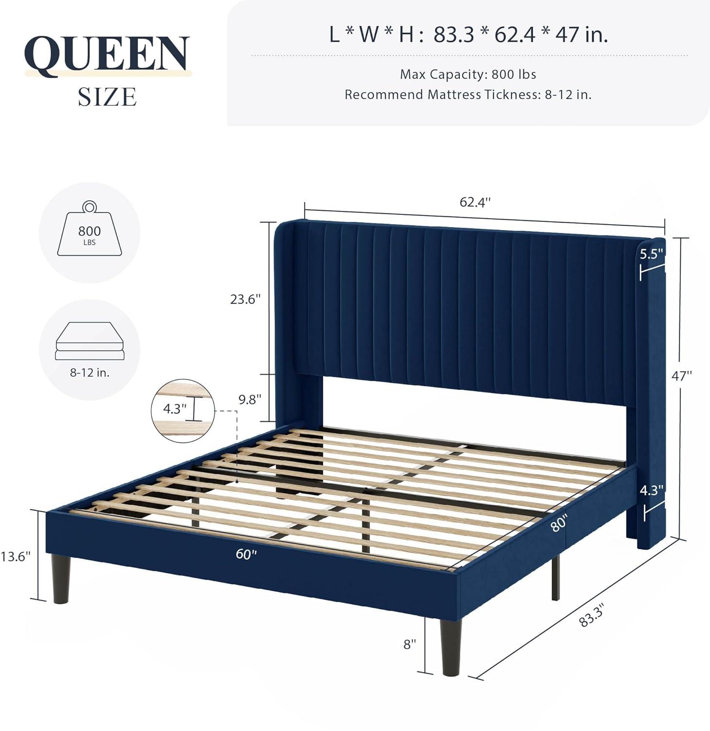 Candler Velvet Upholstered Platform Bed with Wingback Headboard and Wooden Slats