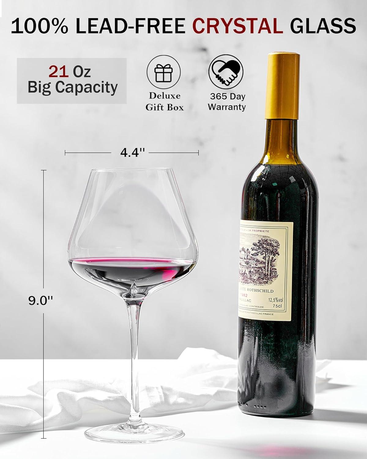 JBHO Hand Blown Italian Style Crystal Bordeaux Wine Glasses - Great Gift Packaging - Red Wine Glasses Lead-Free Premium Crystal Clear Glass - Set of 2-18 Ounce