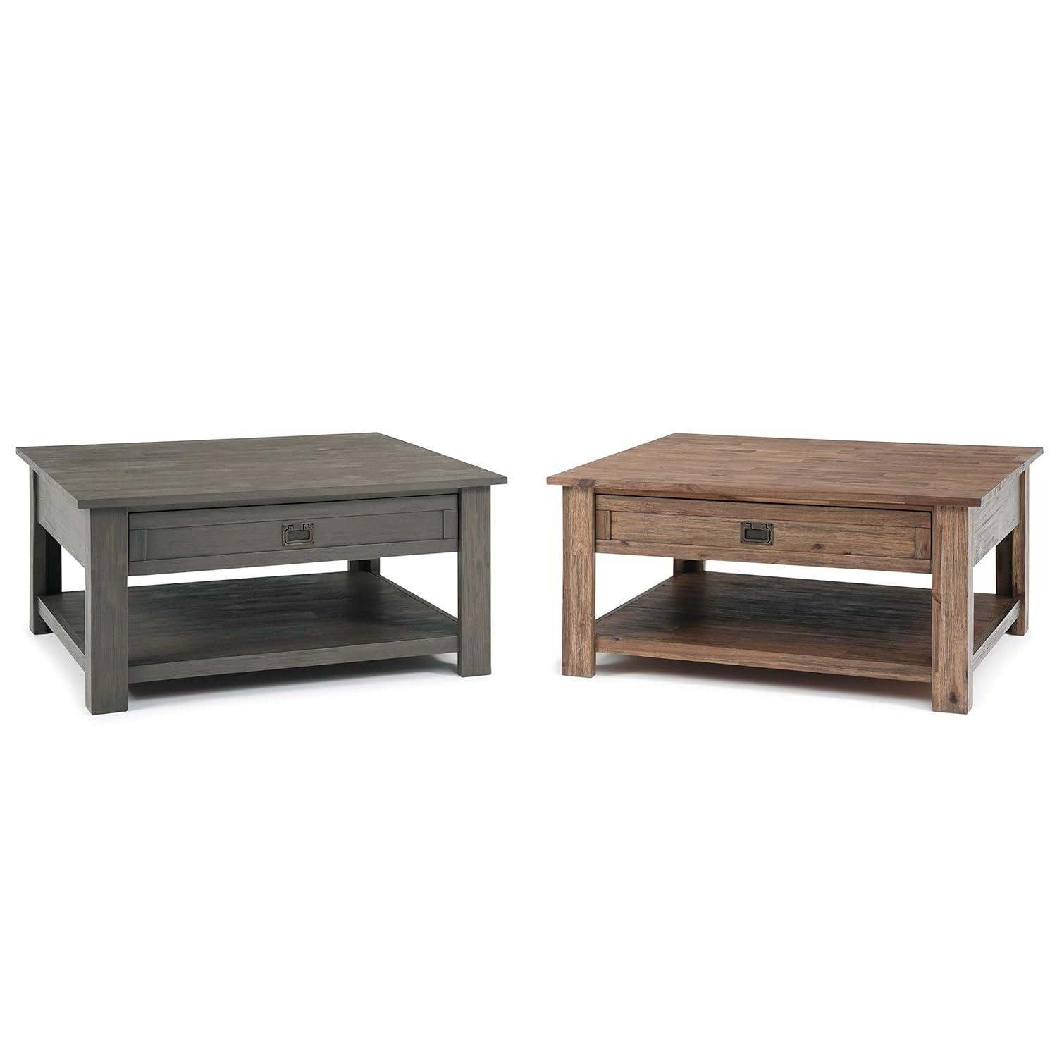 Simpli Home Monroe 38"W Solid Acacia Rustic Square Coffee Table with Large Drawer and Open Shelf