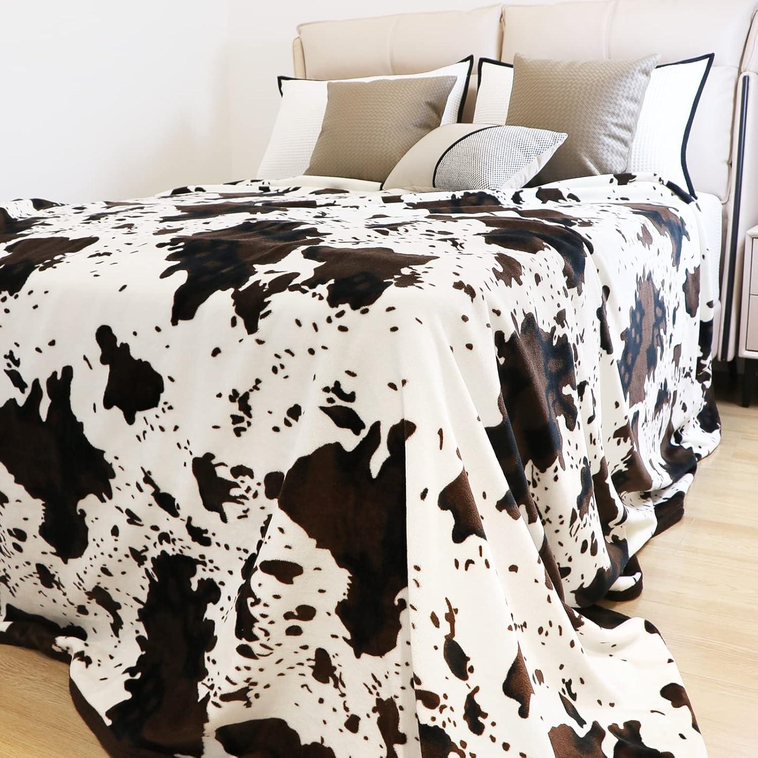 Brown and White Cow Print Fleece Throw Blanket