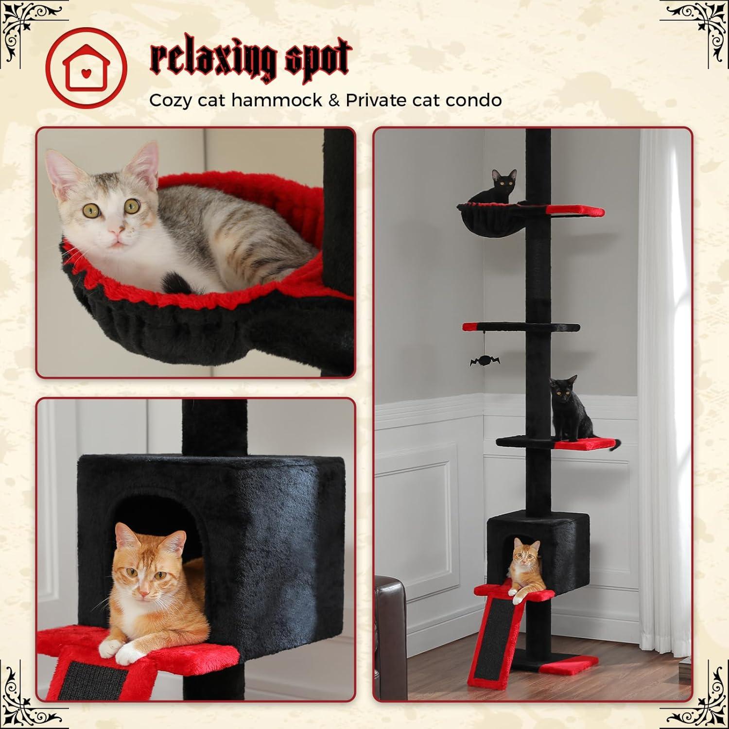 Adjustable Height Floor To Ceiling 5-Tier Tall Cat Tree Tower For Indoor Cats With Cat Condo, Cat Scratching Post And Cat Ladder